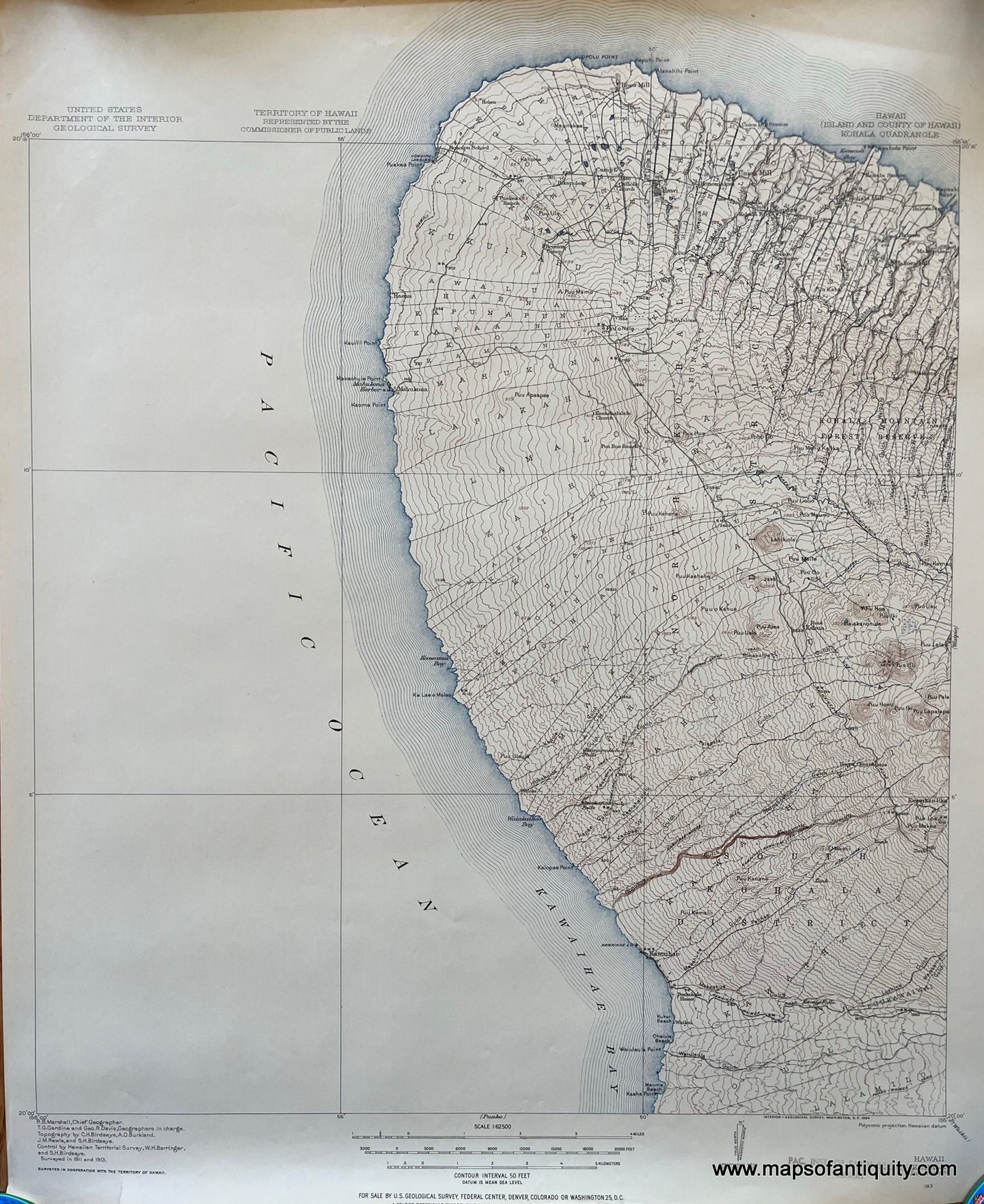 Genuine-Antique-Topographical-Map-Hawaii--Kohala-Hawaii-Quadrangle-Topo-Map-1913-USGS-U-S--Geological-Survey-Maps-Of-Antiquity
