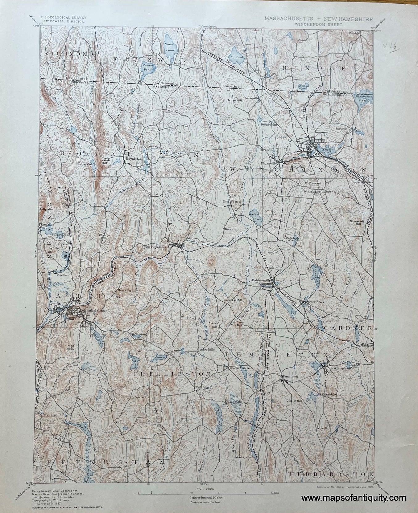 Genuine-Antique-Topographical-Map-Winchendon-Sheet--MA-and-NH-Topo-Map-1905-USGS-U-S--Geological-Survey-Maps-Of-Antiquity