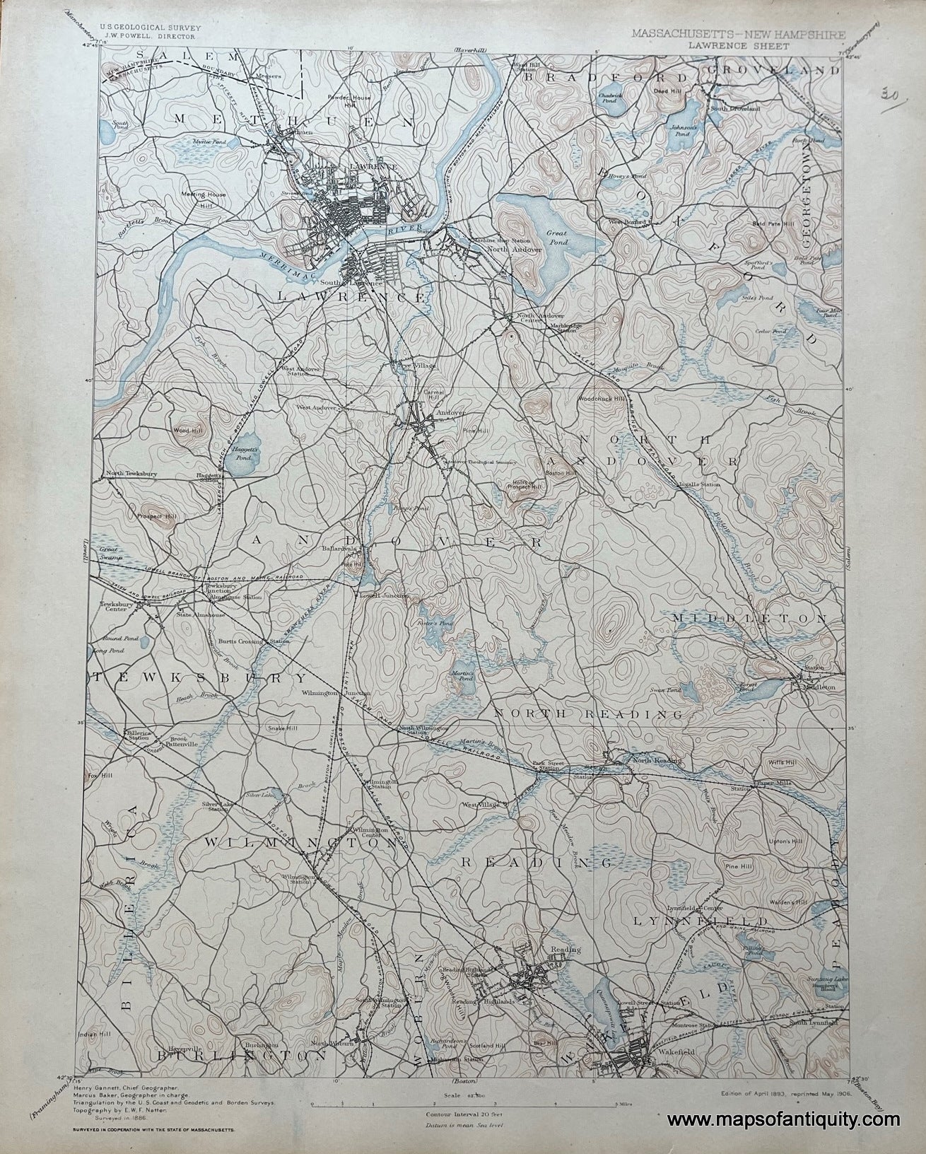 Genuine-Antique-Topographical-Map-Lawrence-MA-and-NH-Topo-Map-1906-USGS-U-S--Geological-Survey-Maps-Of-Antiquity