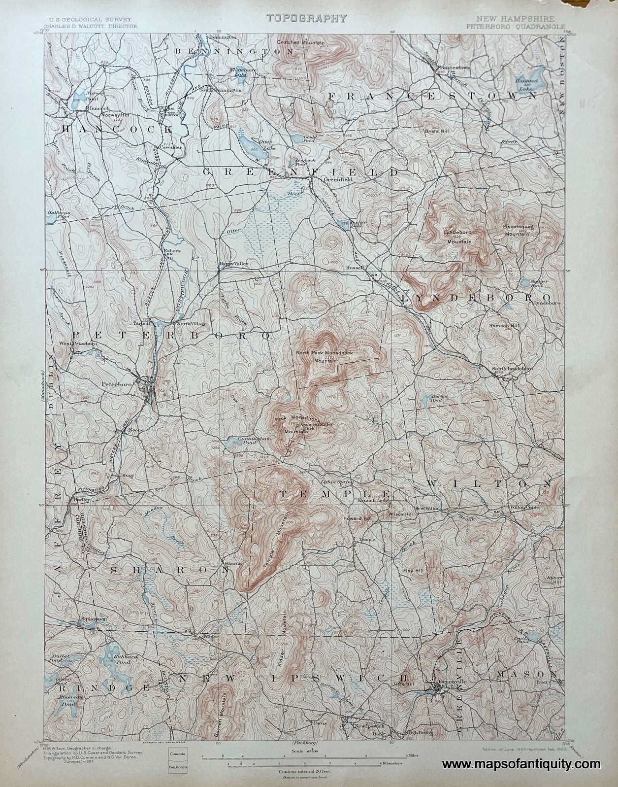 Genuine-Antique-Topographical-Map-NH-Peterboro-Quadrangle-Topo-Map-1903-USGS-U-S--Geological-Survey-Maps-Of-Antiquity