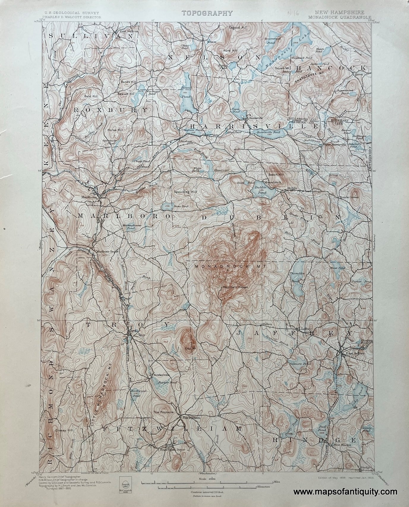 Genuine-Antique-Topographical-Map-NH-Monadnock-Quadrangle-Topo-Map-1905-USGS-U-S--Geological-Survey-Maps-Of-Antiquity