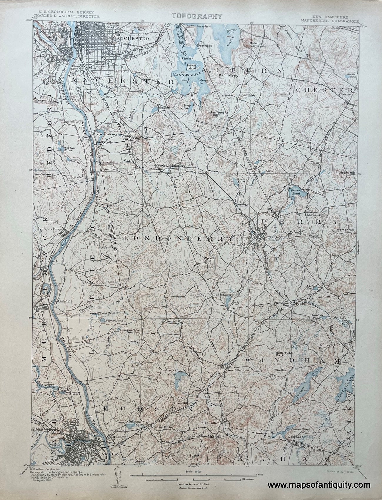 Genuine-Antique-Topographical-Map-NH-Manchester-Quadrangle-Topo-Map-1905-USGS-U-S--Geological-Survey-Maps-Of-Antiquity