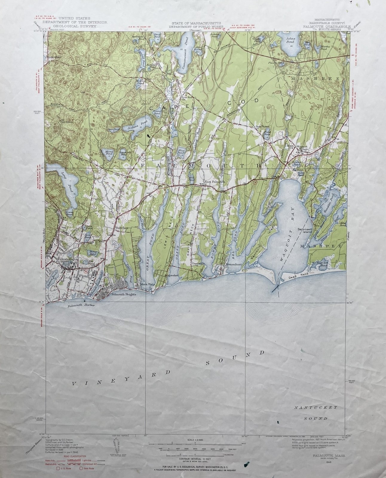 Genuine-Vintage-Map-Falmouth-Mass-Cape-Cod-Antique-Topographic-Map-1946-USGS-U-S-Geological-Survey-Maps-Of-Antiquity