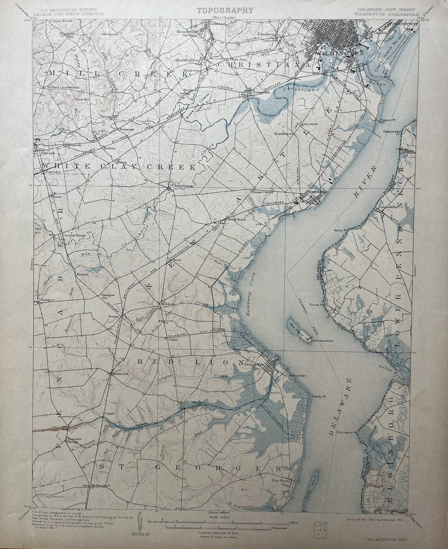 Genuine-Antique-Map-Wilmington--Delaware---New-Jersey-Quadrangle-1910-USGS-U-S-Geological-Survey-Maps-Of-Antiquity