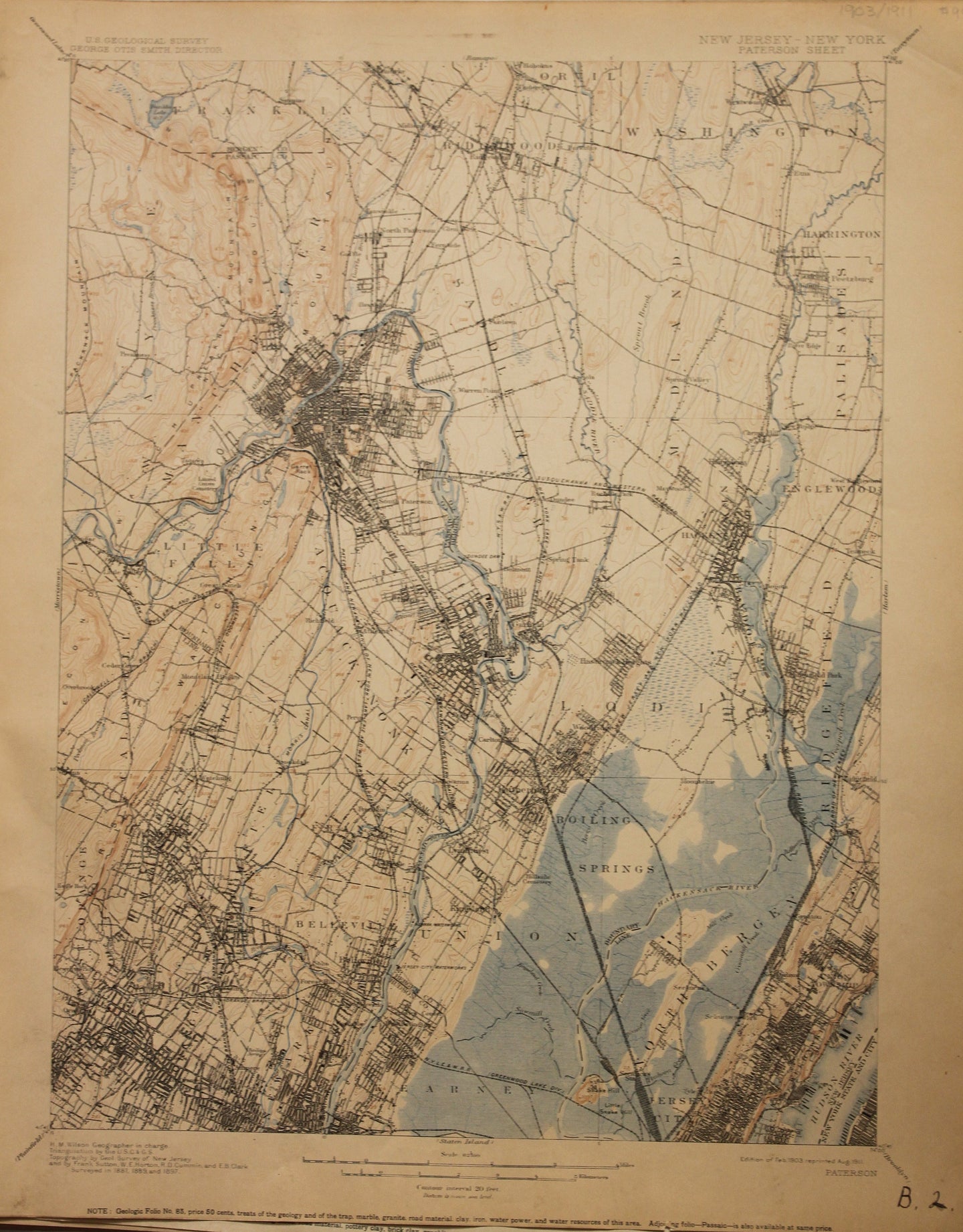 Genuine-Antique-Map-Paterson--New-Jersey-New-York---1911-U-S-Geological-Survey--Maps-Of-Antiquity