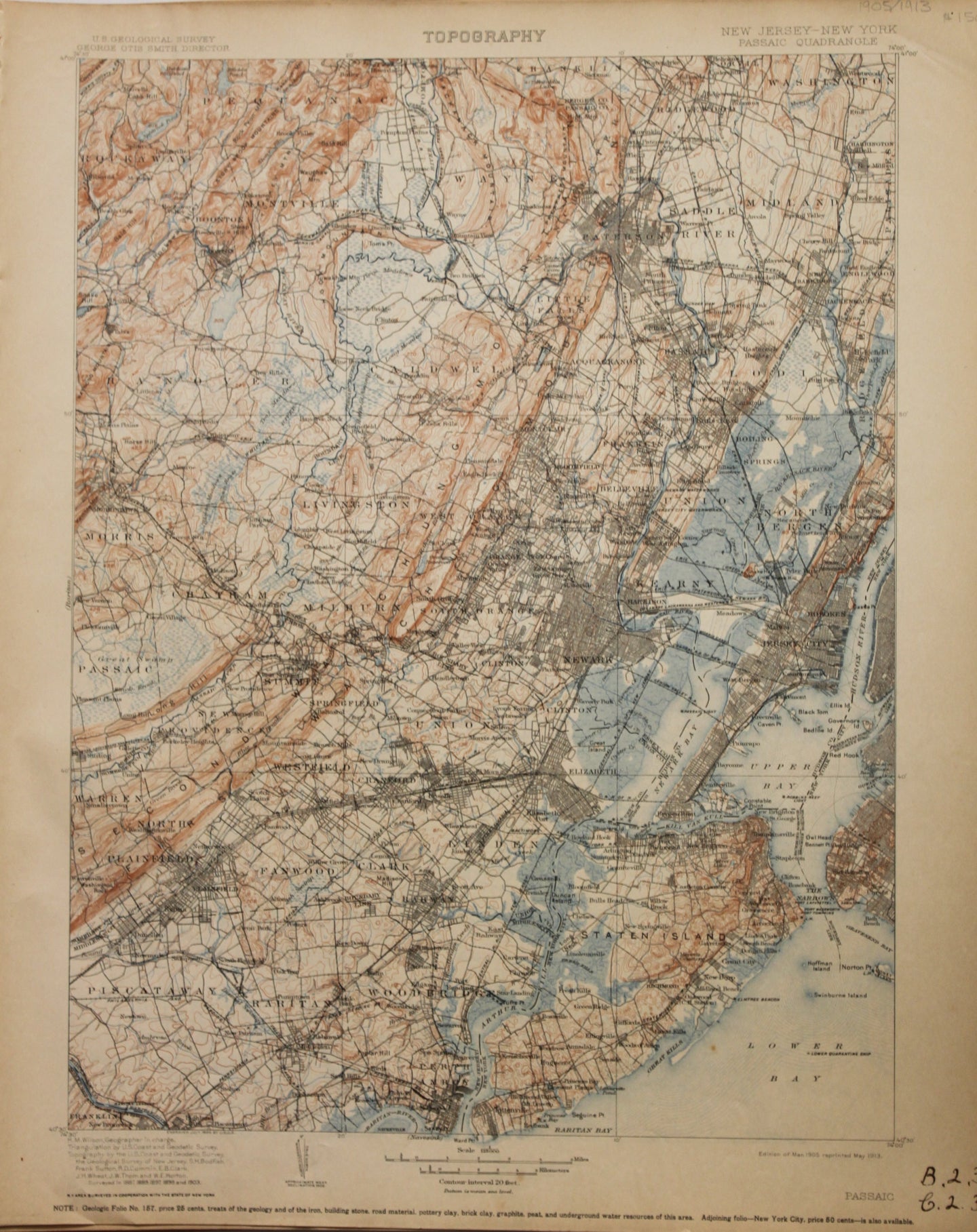 Genuine-Antique-Map-Passaic-New-Jersey-New-York---1913-U-S-Geological-Survey--Maps-Of-Antiquity