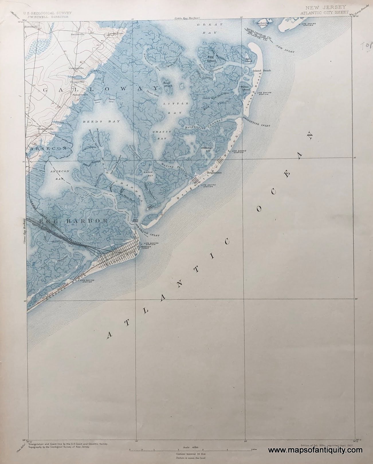 Genuine-Antique-Topographic-map-Atlantic-City-New-Jersey-Sheet-Antique-Topo-Map---NJ-Antique-Geological-&-Topographical-Maps-New-Jersey-1907-USGS-Maps-Of-Antiquity