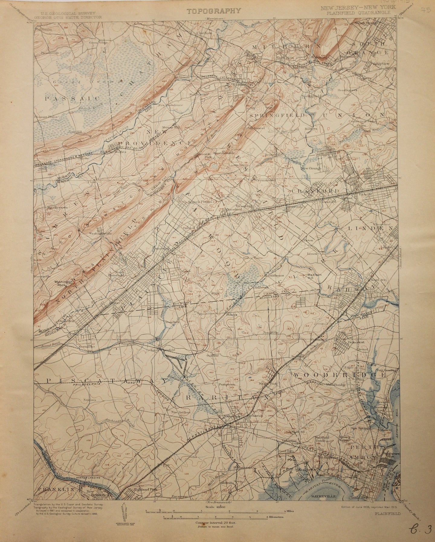 Genuine-Antique-Map-Plainfield--New-Jersey-New-York---1915-U-S-Geological-Survey--Maps-Of-Antiquity