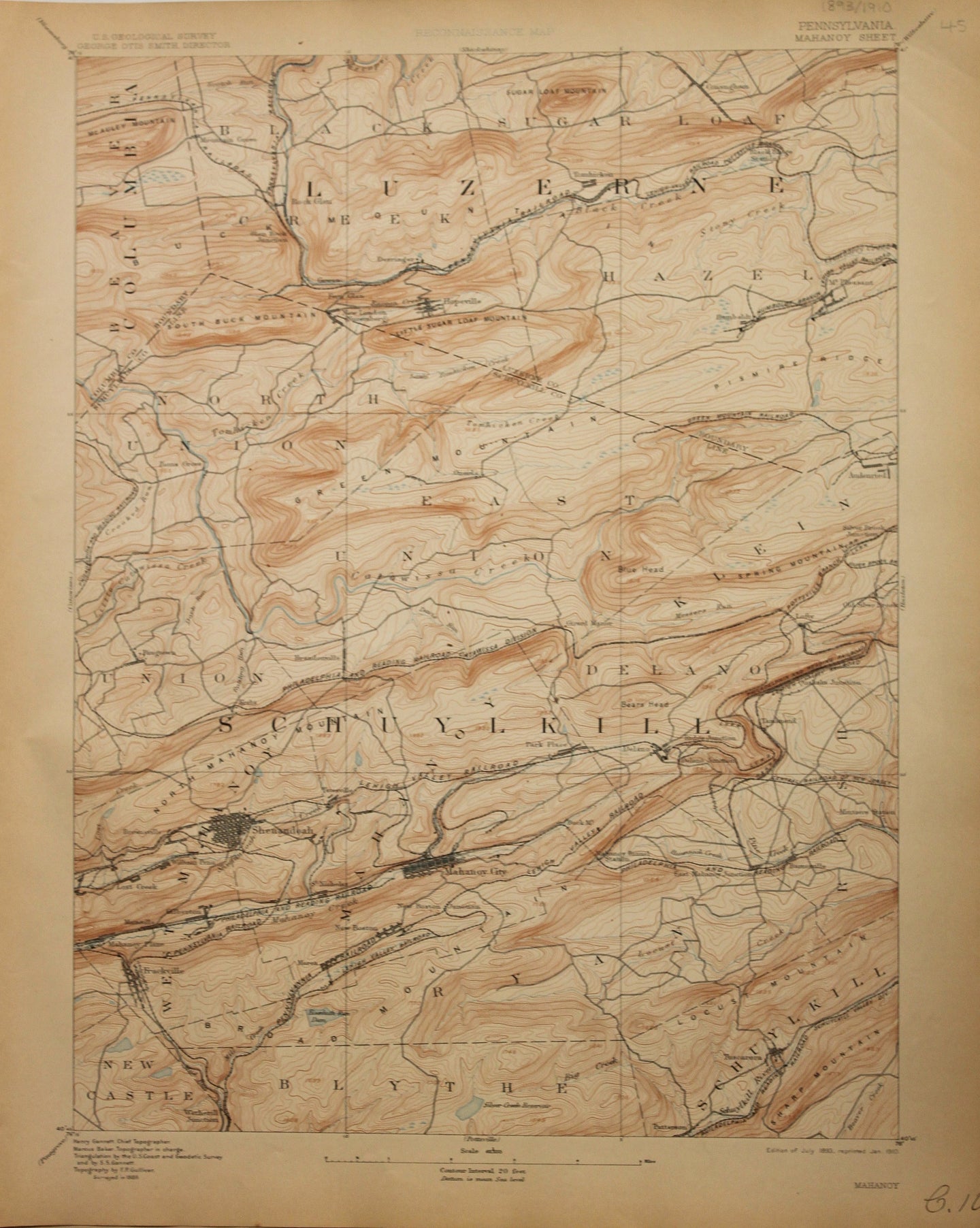 Genuine-Antique-Map-Mahanoy--Pennsylvania---1910-U-S-Geological-Survey--Maps-Of-Antiquity