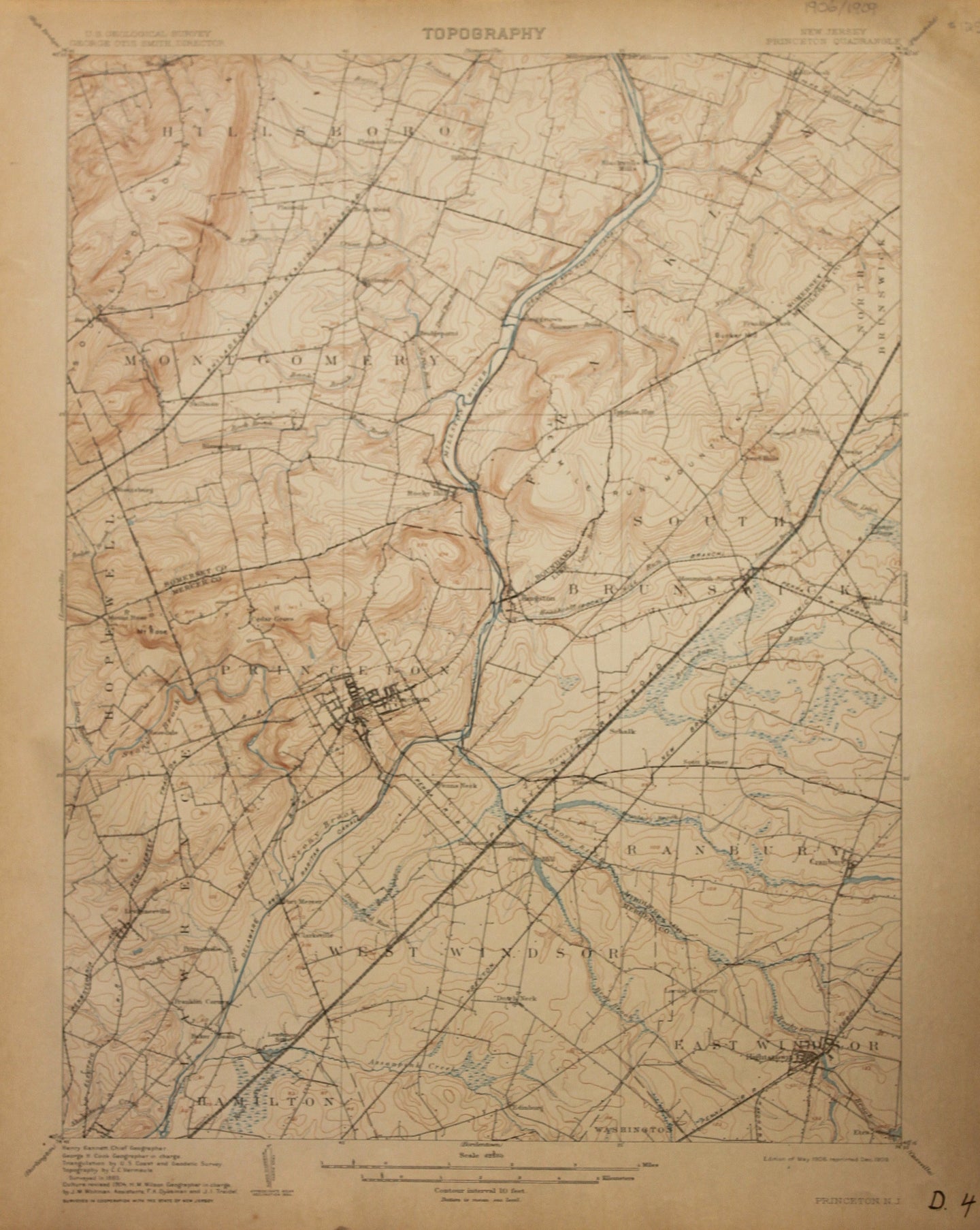 Genuine-Antique-Map-Princeton--New-Jersey--1909-U-S-Geological-Survey--Maps-Of-Antiquity