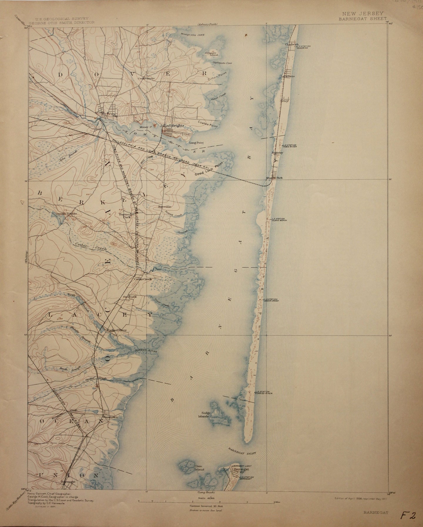 Genuine-Antique-Map-Barnegat--New-Jersey---1911-U-S-Geological-Survey--Maps-Of-Antiquity