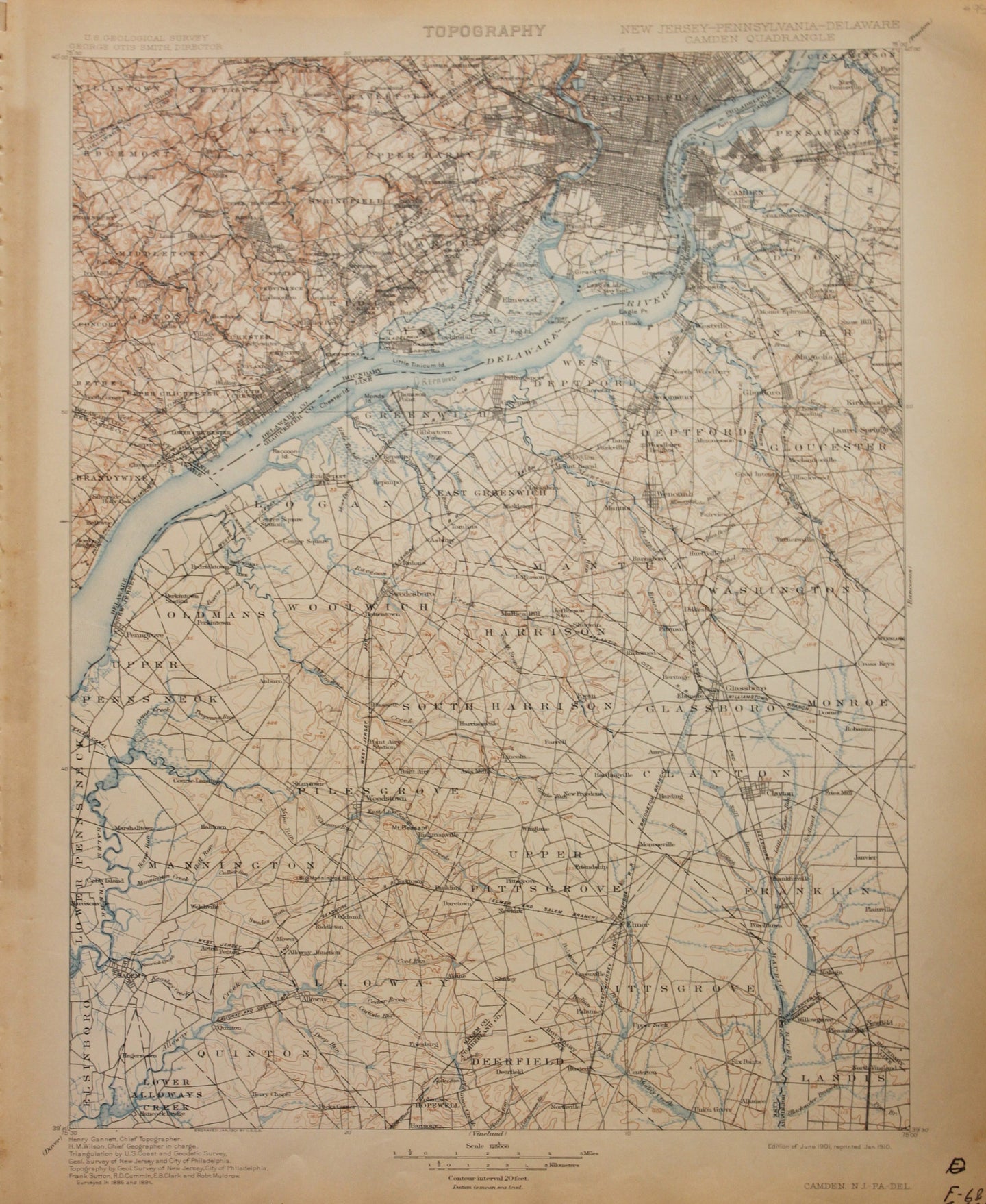 Genuine-Antique-Map-Camden--New-Jersey-Pennsylvania-Delaware--1910-U-S-Geological-Survey--Maps-Of-Antiquity
