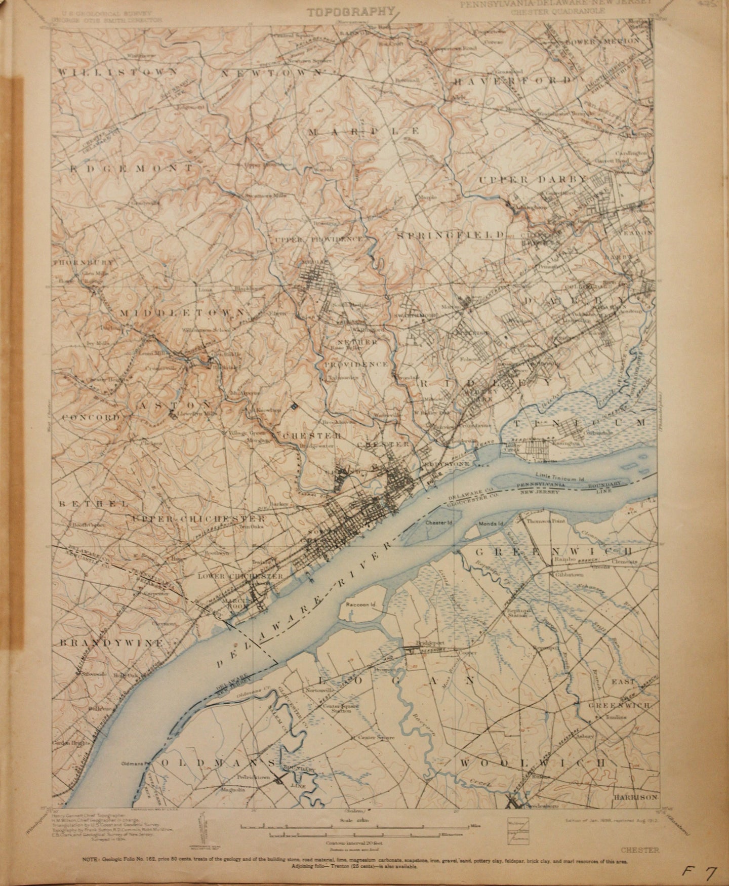 Genuine-Antique-Map-Chester--Pennsylvania-Delaware-New-Jersey---1912-U-S-Geological-Survey--Maps-Of-Antiquity