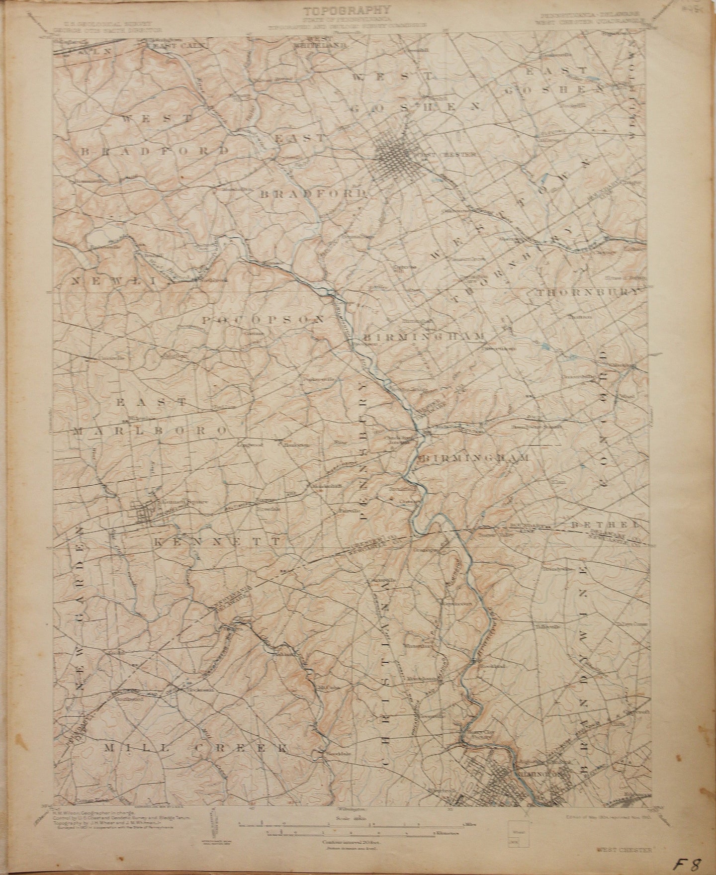 Genuine-Antique-Map-West-Chester--Pennsylvania-Delaware---1910-U-S-Geological-Survey--Maps-Of-Antiquity