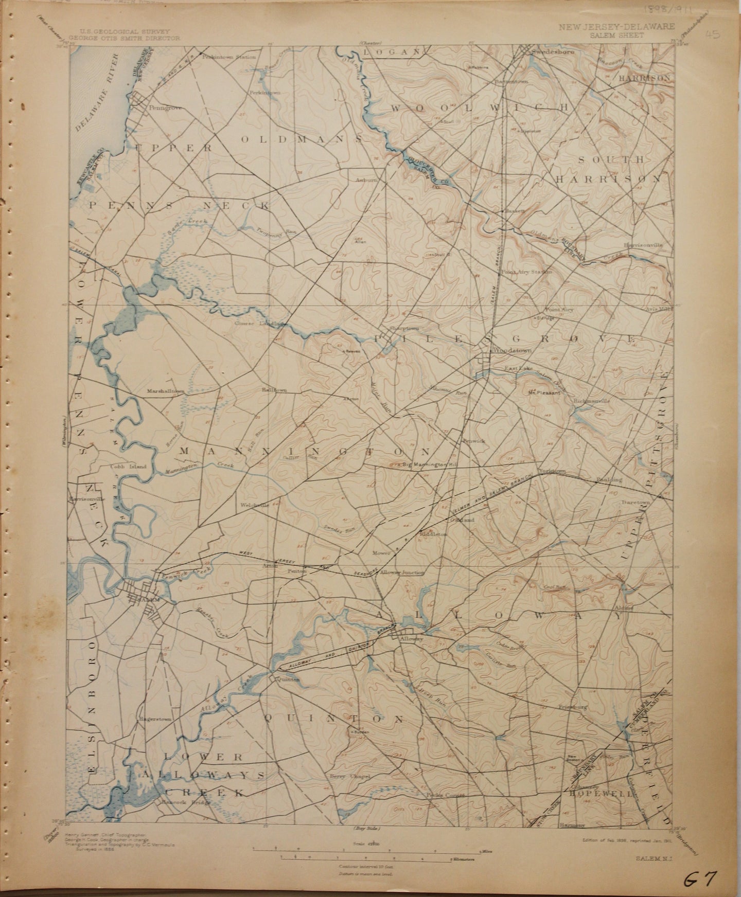 Genuine-Antique-Map-Salem--New-Jersey-Delaware---1911-U-S-Geological-Survey--Maps-Of-Antiquity