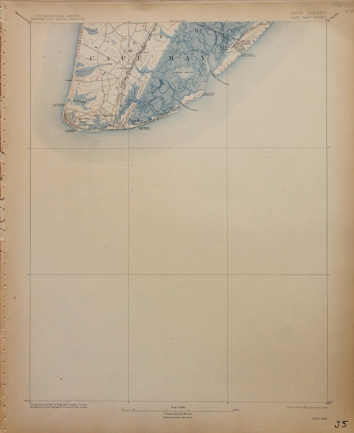 Genuine-Antique-Map-Cape-May--New-Jersey---1912-U-S-Geological-Survey--Maps-Of-Antiquity