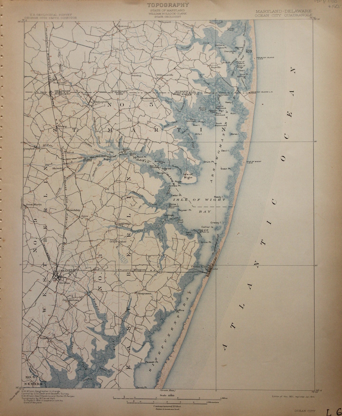 Genuine-Antique-Map-Ocean-City-Maryland-Delaware--1910-U-S-Geological-Survey--Maps-Of-Antiquity