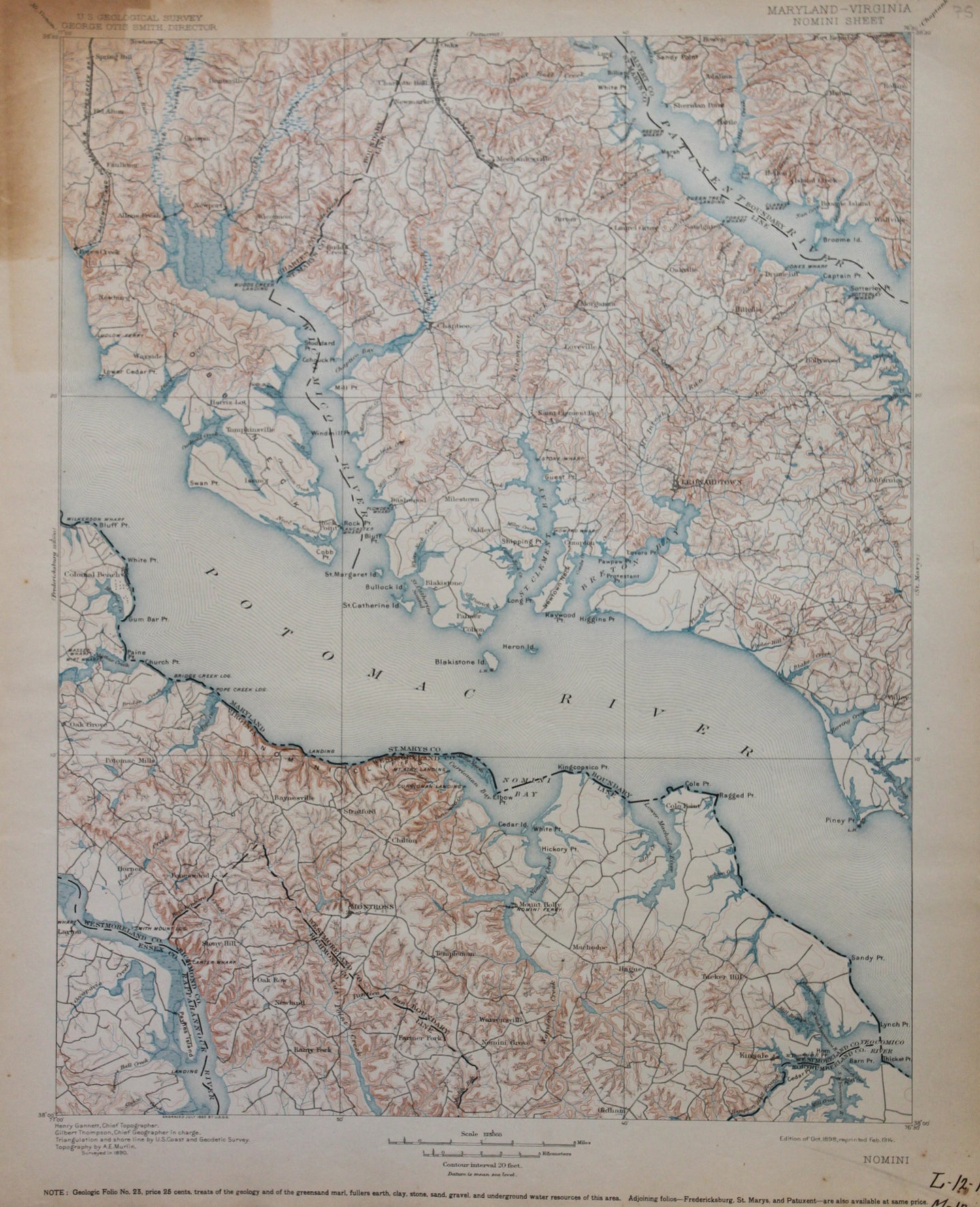 Genuine-Antique-Map-Nomini-Maryland-Virginia--1914-U-S-Geological-Survey--Maps-Of-Antiquity