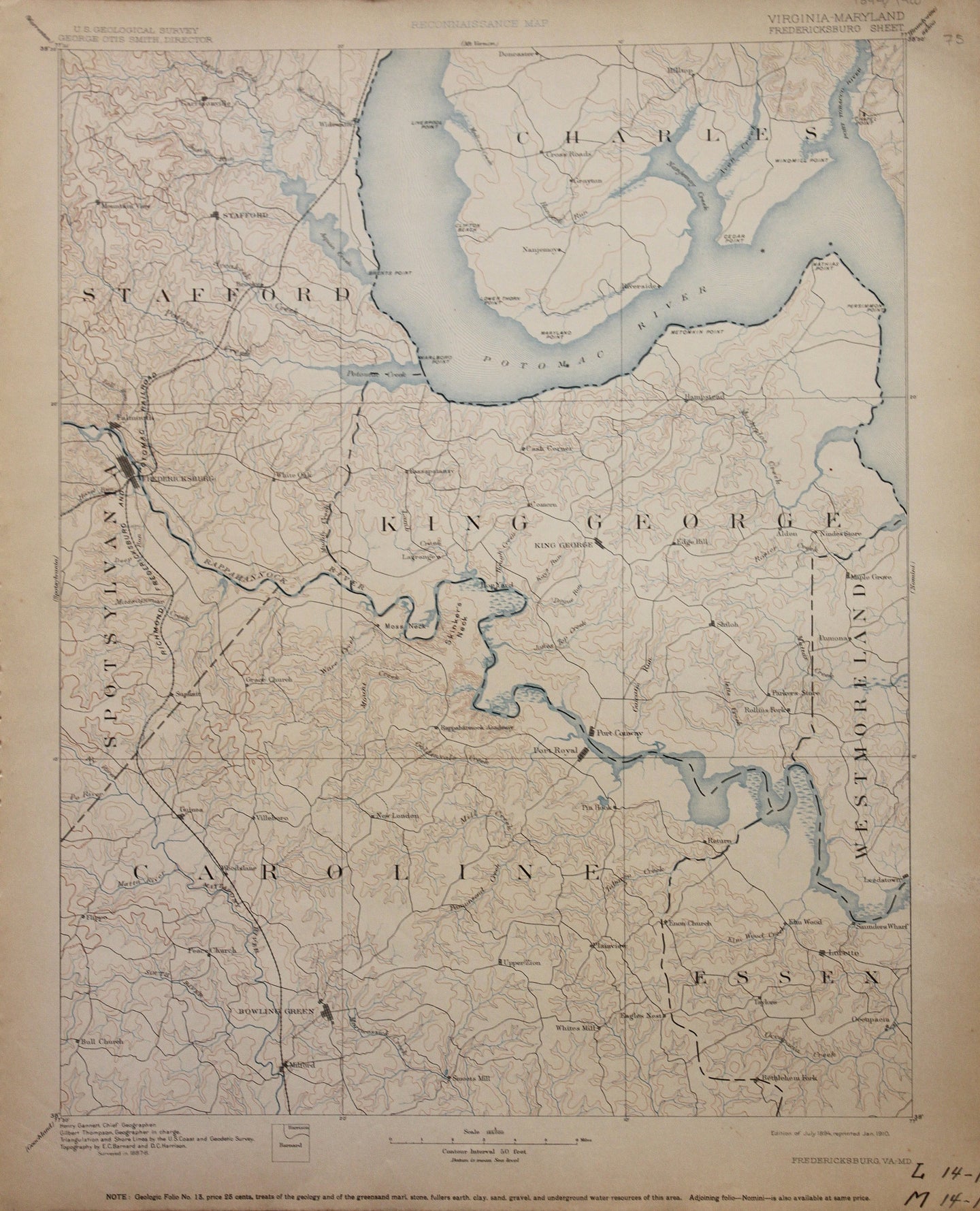 Genuine-Antique-Map-Fredericksburg--Virginia-Maryland---1910-U-S-Geological-Survey--Maps-Of-Antiquity