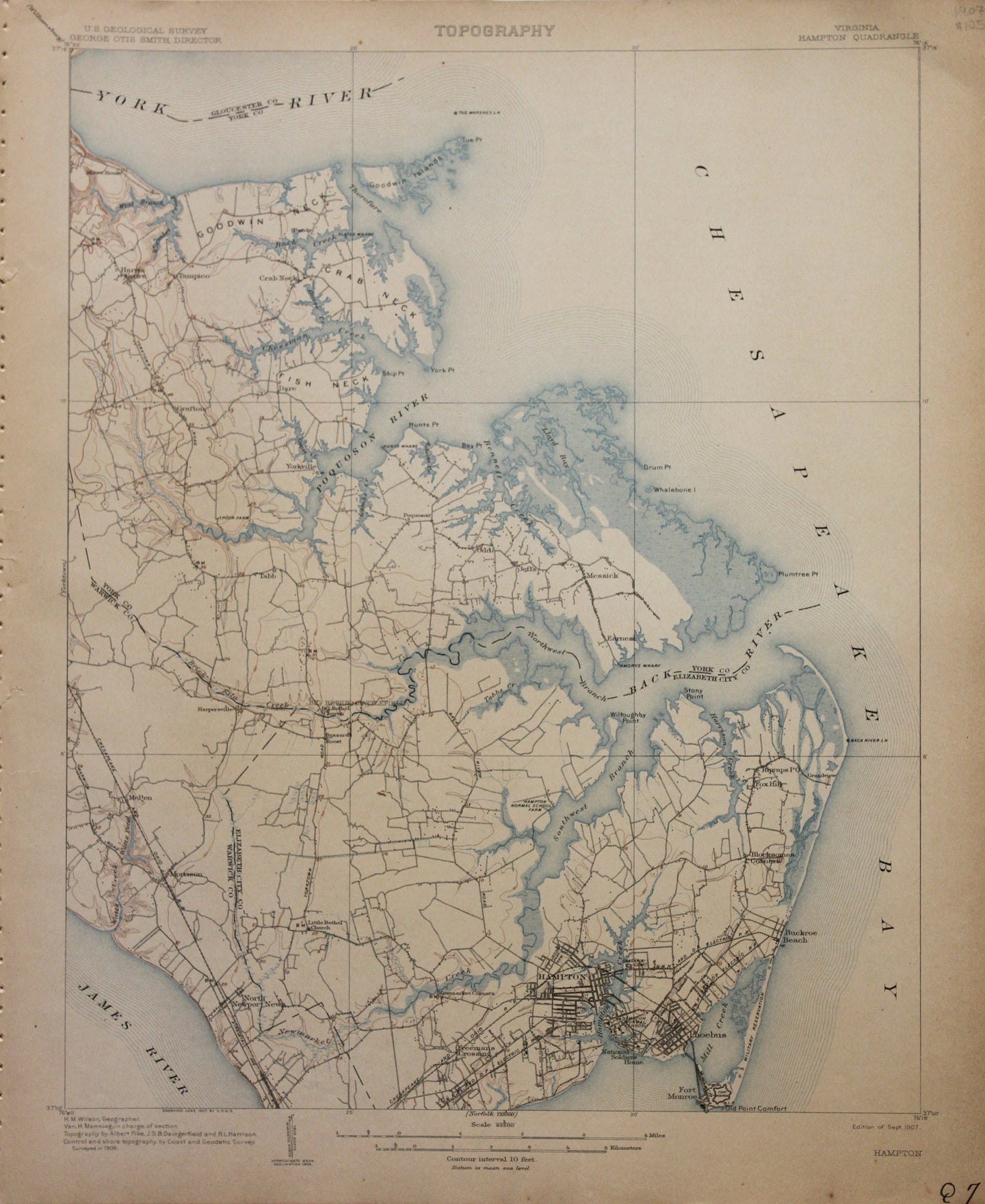 Genuine-Antique-Map-Hampton-Virginia--1907-U-S-Geological-Survey--Maps-Of-Antiquity