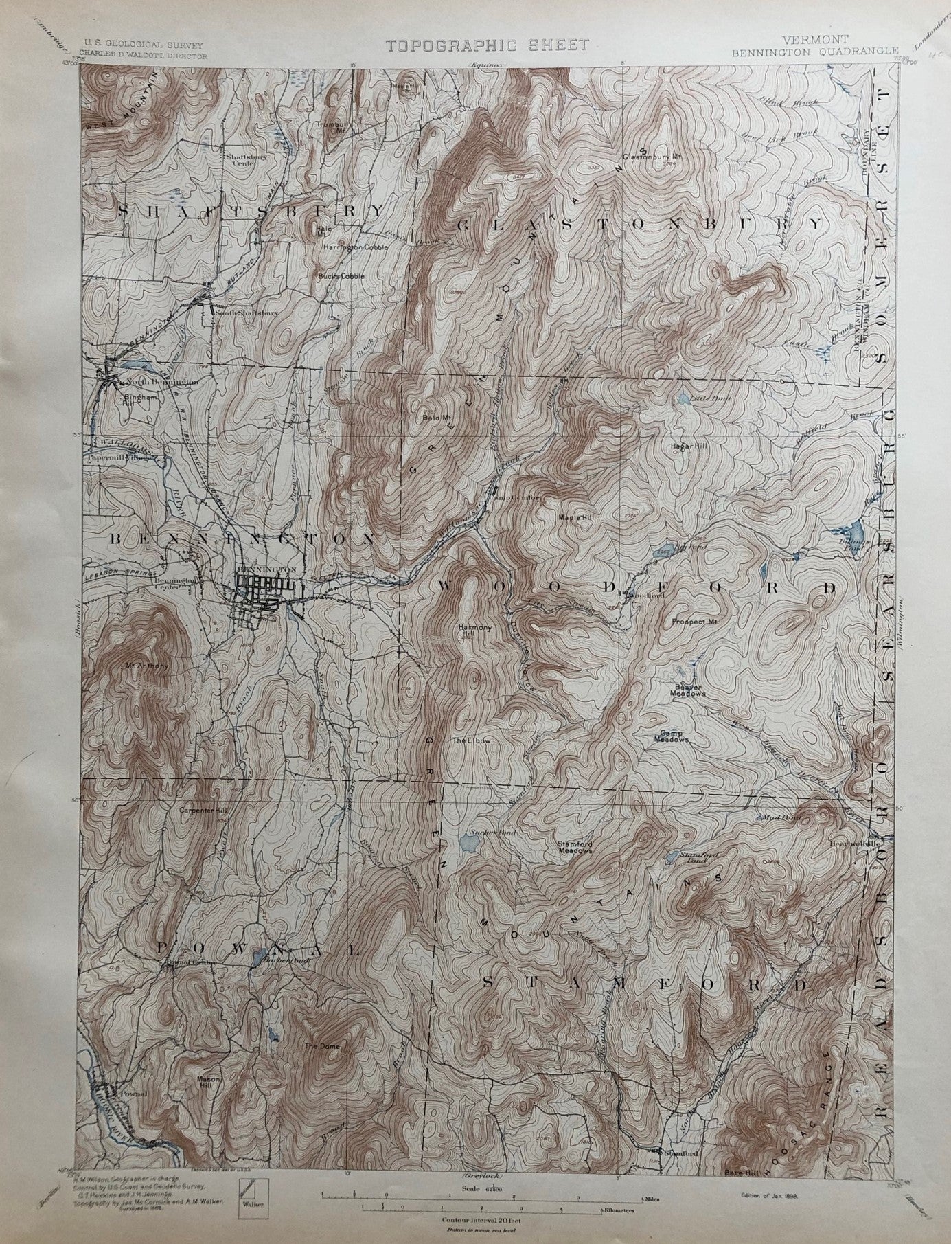 Genuine-Antique-Topographic-map-Bennington-Vermont-Quadrangle-VT-Antique-Topo-Map-Antique-Geological-&-Topographical-Maps-Vermont-1898-USGS-Maps-Of-Antiquity-1800s-19th-century