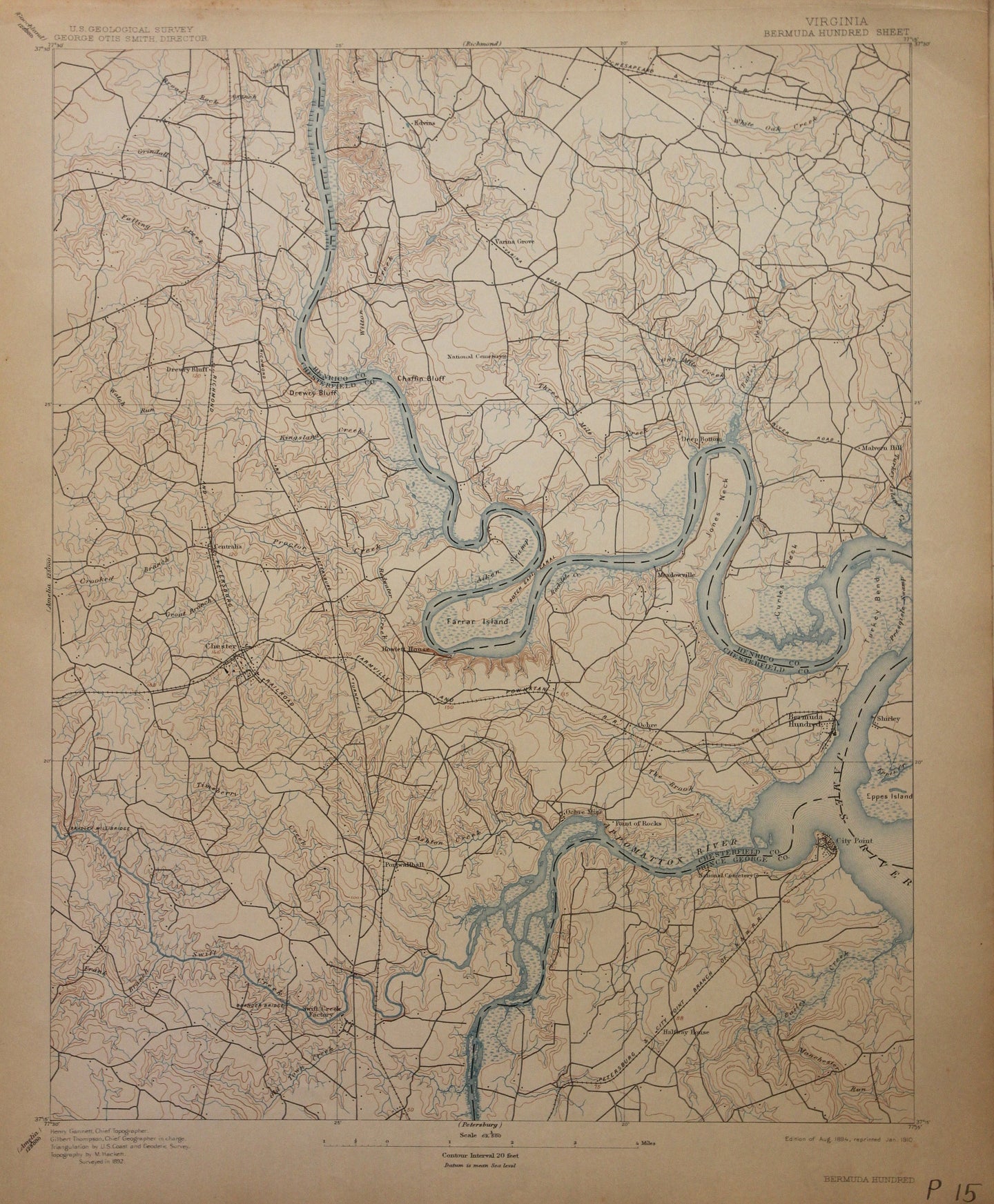 Genuine-Antique-Map-Bermuda-Hundred-Virginia--1910-U-S-Geological-Survey--Maps-Of-Antiquity