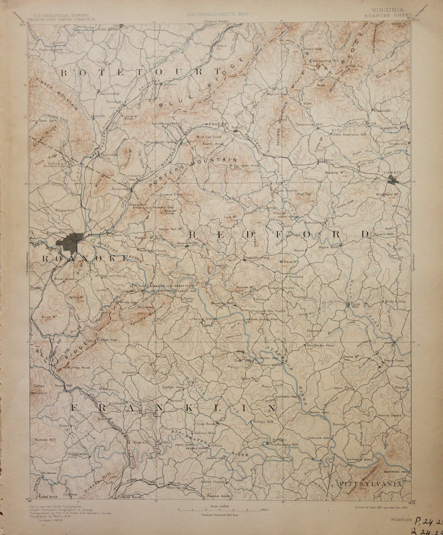 Genuine-Antique-Map-Roanoke-Virginia--1907-U-S-Geological-Survey--Maps-Of-Antiquity