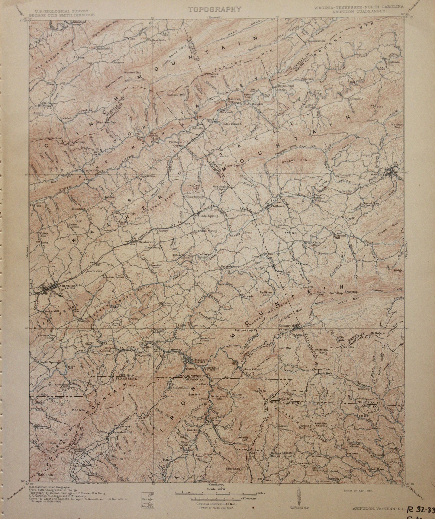 Genuine-Antique-Map-Abingdon-Virginia-Tennessee-North-Carolina--1911-U-S-Geological-Survey--Maps-Of-Antiquity
