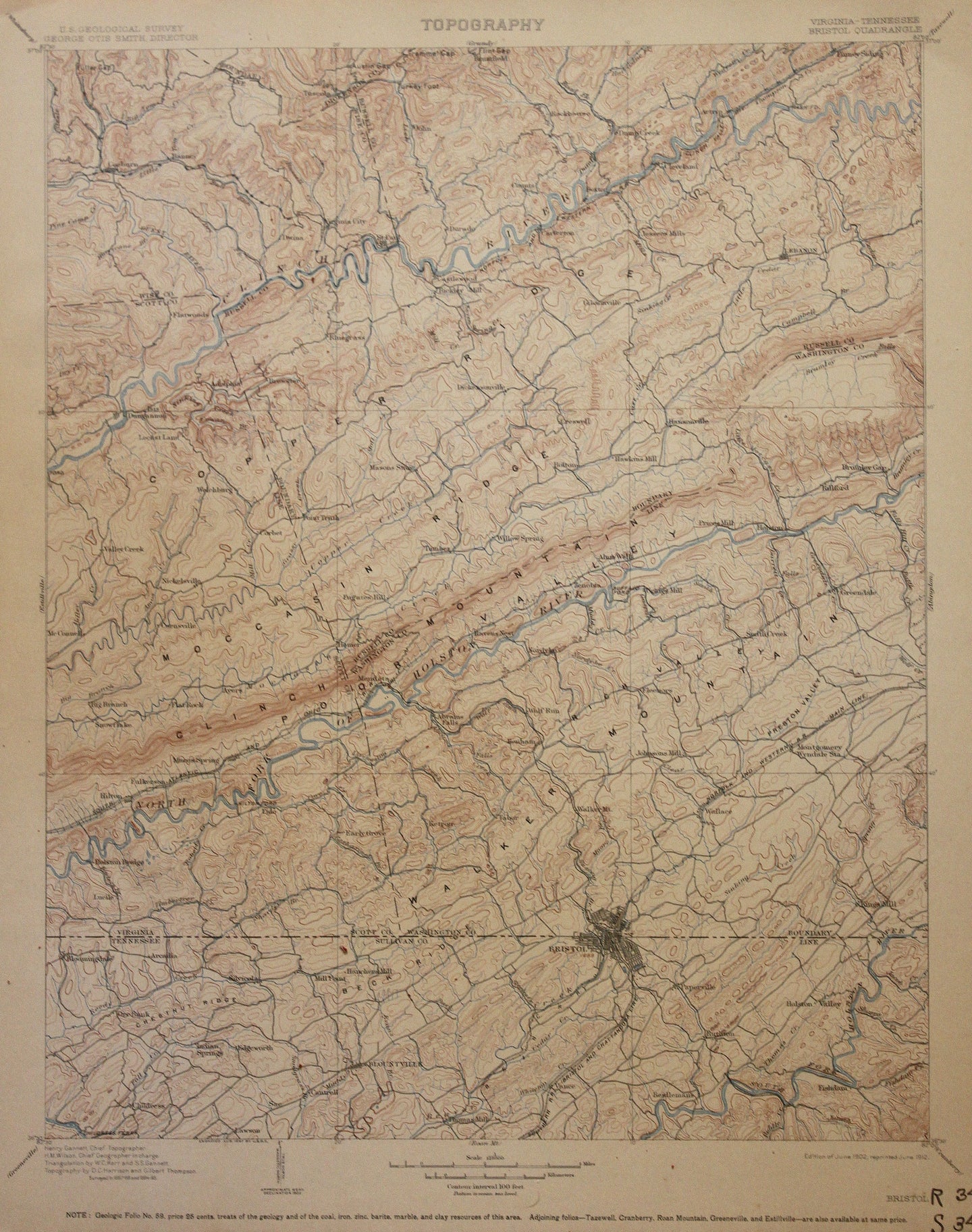 Genuine-Antique-Map-Bristol-Virginia-Tennessee--1912-U-S-Geological-Survey--Maps-Of-Antiquity