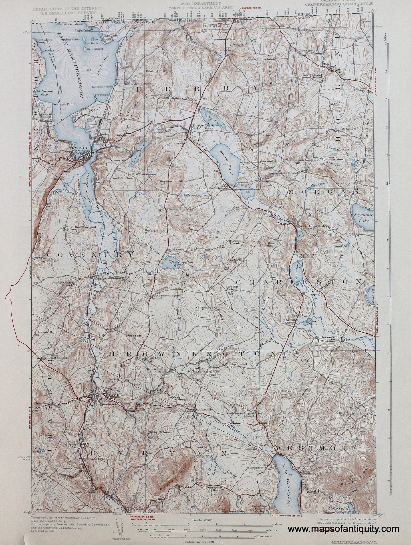 Genuine-Antique-Map-Memphremagog-Vermont--1925-US-Geological-Survey--Maps-Of-Antiquity