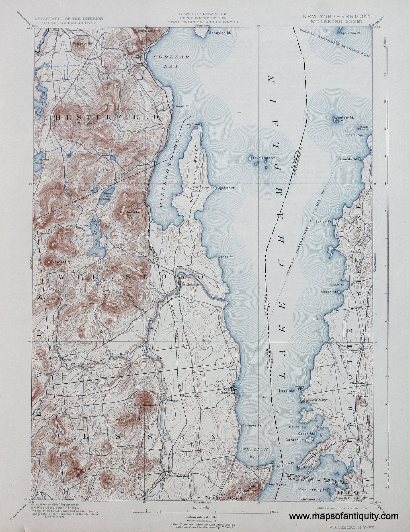 Genuine-Antique-Map-Willsboro-New-York-Vermont--1924-US-Geological-Survey--Maps-Of-Antiquity
