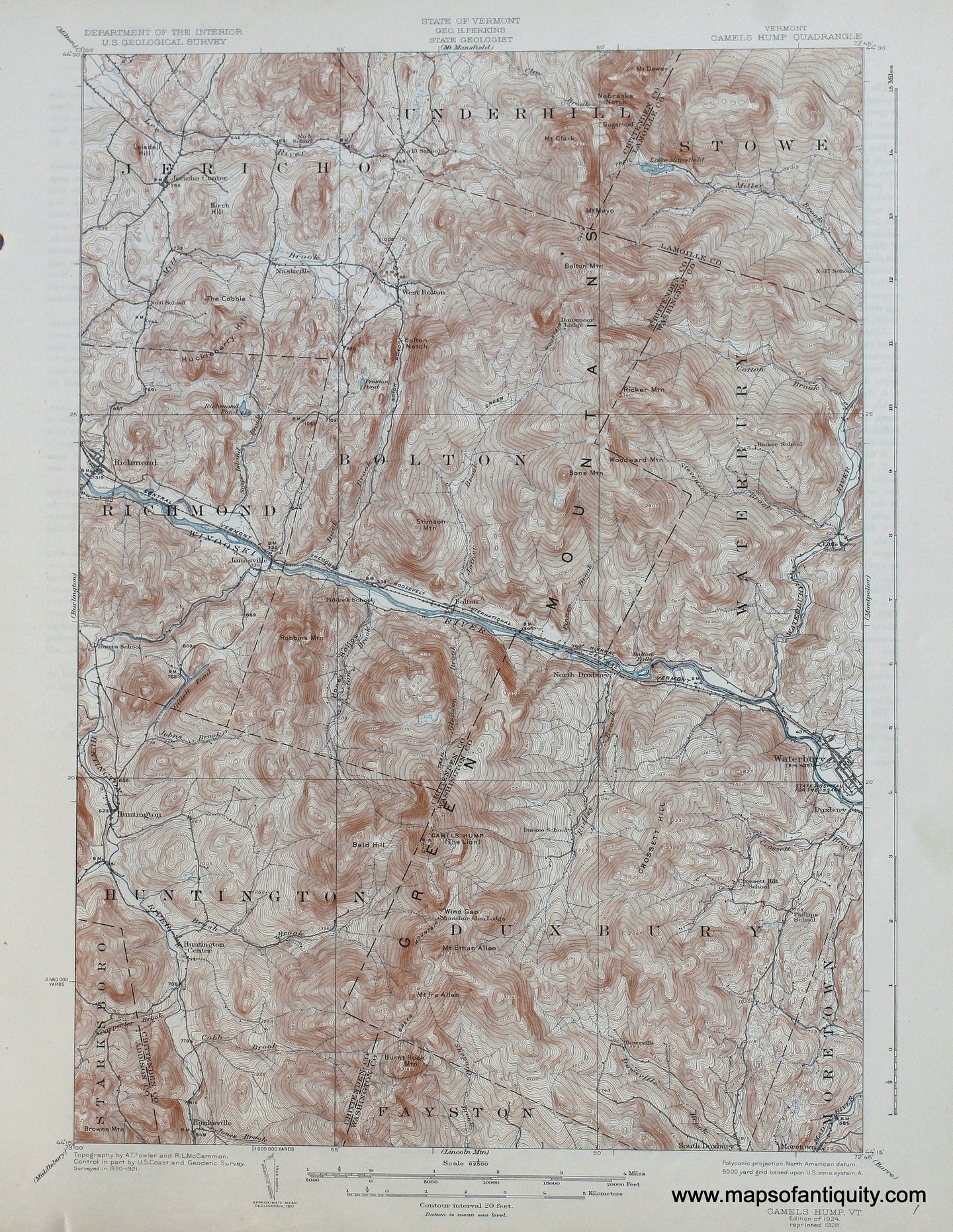 Genuine-Antique-Map-Camels-Hump-Vermont--1928-US-Geological-Survey--Maps-Of-Antiquity