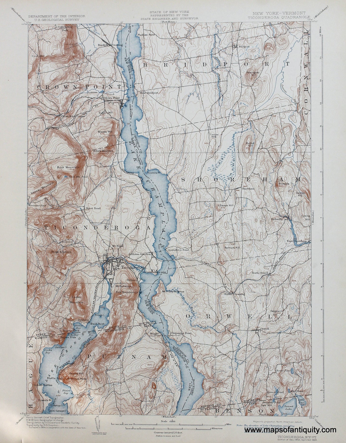 Genuine-Antique-Map-Ticonderoga-New-York-Vermont--1923-US-Geological-Survey--Maps-Of-Antiquity