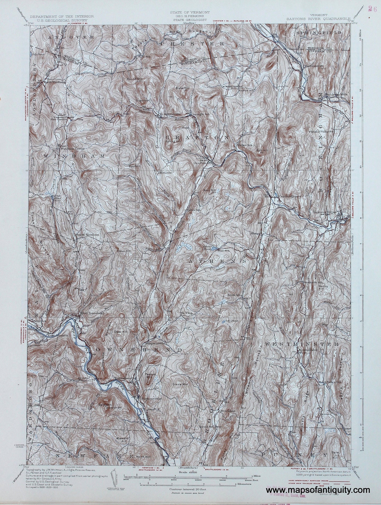 Genuine-Antique-Map-Saxtons-River-Vermont--1933-US-Geological-Survey--Maps-Of-Antiquity