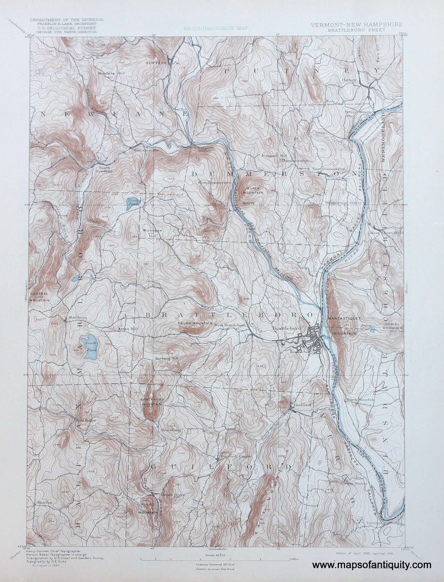 Genuine-Antique-Map-Brattleboro-Vermont-New-Hampshire--1916-US-Geological-Survey--Maps-Of-Antiquity