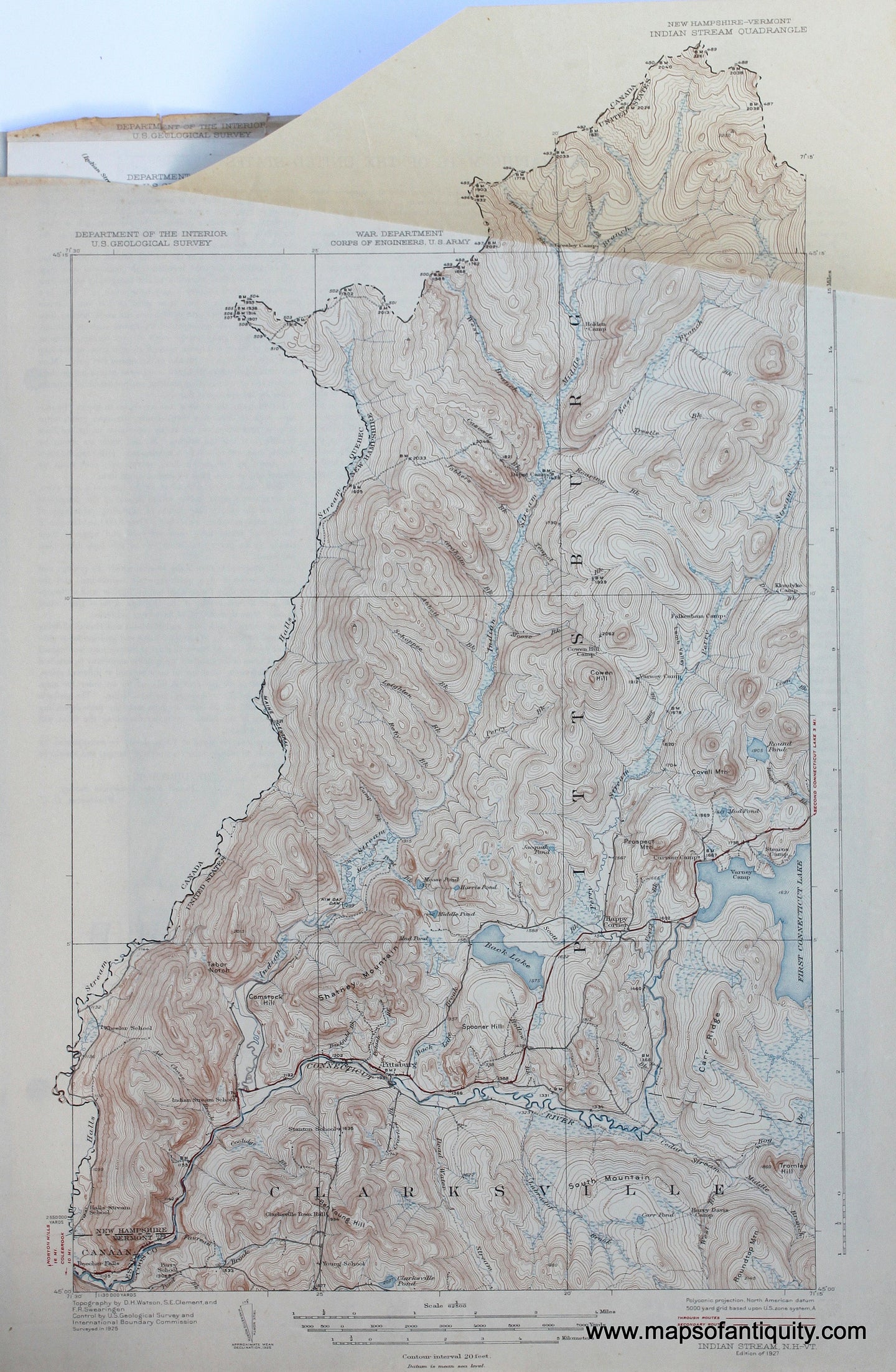Genuine-Antique-Map-Indian-Stream-New-Hampshire-Vermont--1927-US-Geological-Survey--Maps-Of-Antiquity