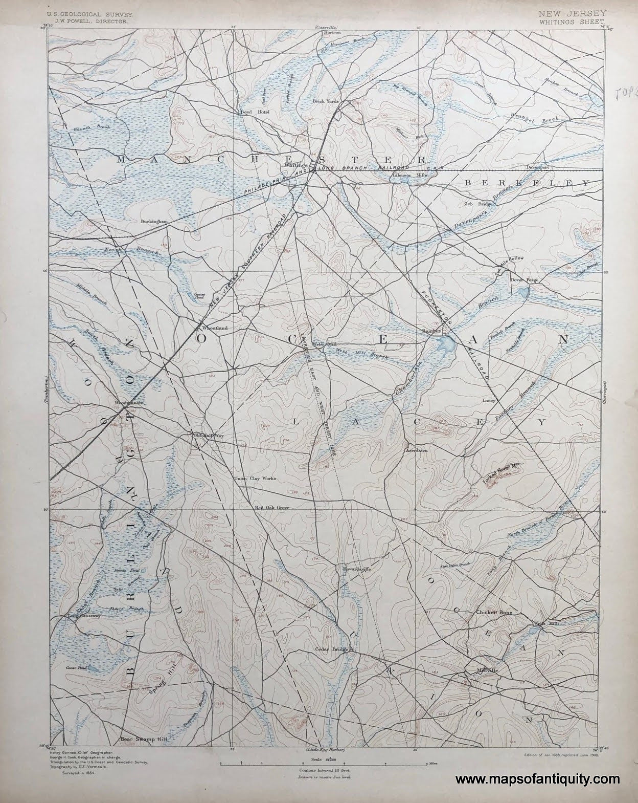 Genuine-Antique-Topographic-map-Whitings-New-Jersey-sheet-Antique-Topo-Map---NJ-Antique-Geological-&-Topographical-Maps-New-Jersey-1900-USGS-Maps-Of-Antiquity