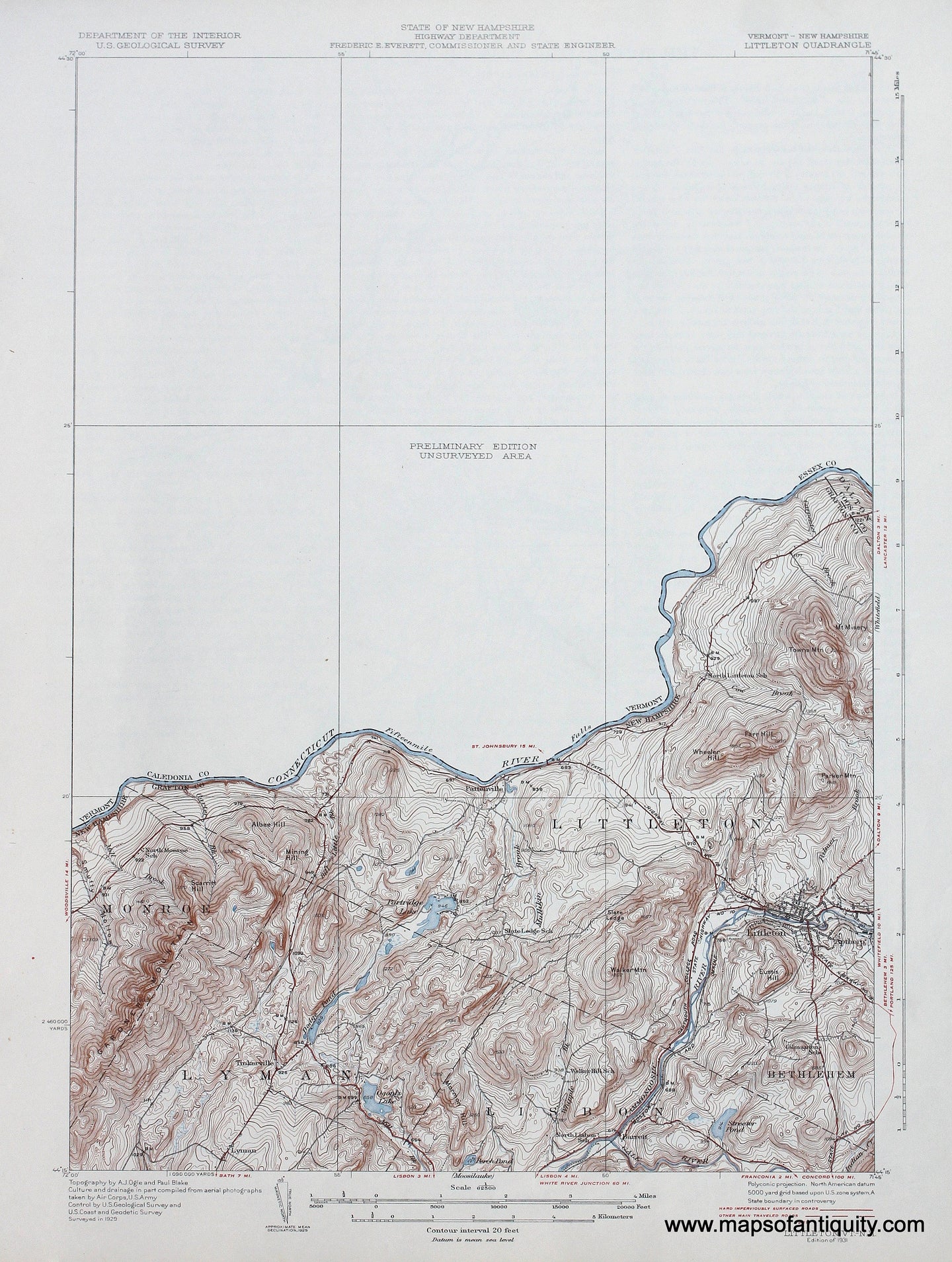 Genuine-Antique-Map-Littleton-Vermont-New-Hampshire--1931-US-Geological-Survey--Maps-Of-Antiquity