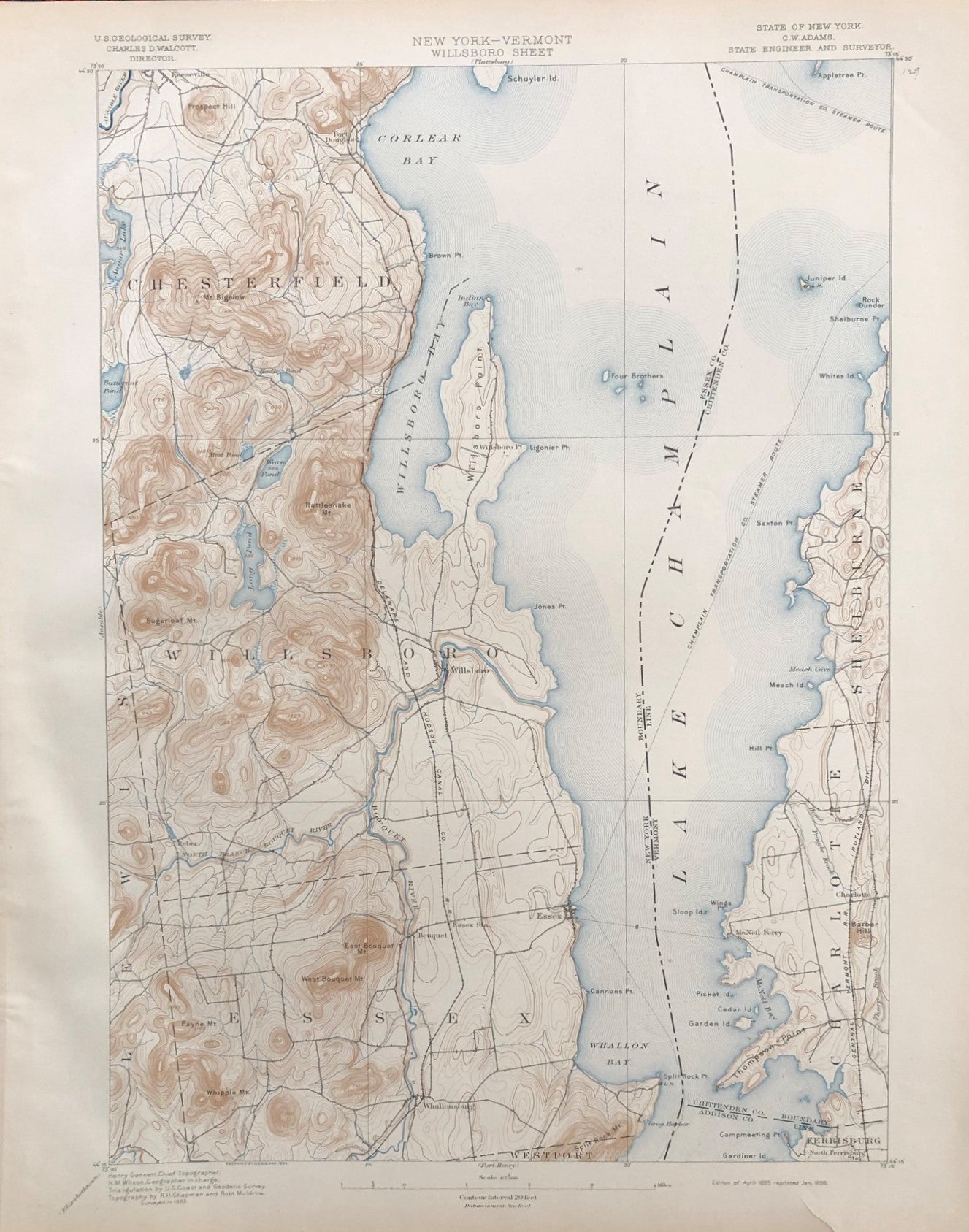 Genuine-Antique-Topographic-map-New-York-Vermont-Willsboro-Sheet-NY/VT-Antique-Topo-Map-Antique-Geological-&-Topographical-Maps-New-York-1898-USGS-Maps-Of-Antiquity-1800s-19th-century