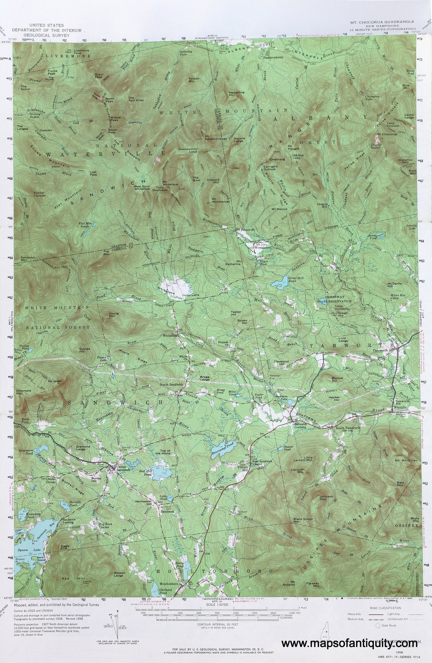 Genuine-Antique-Map-Mt-Chocorua-New-Hampshire--1958-US-Geological-Survey--Maps-Of-Antiquity