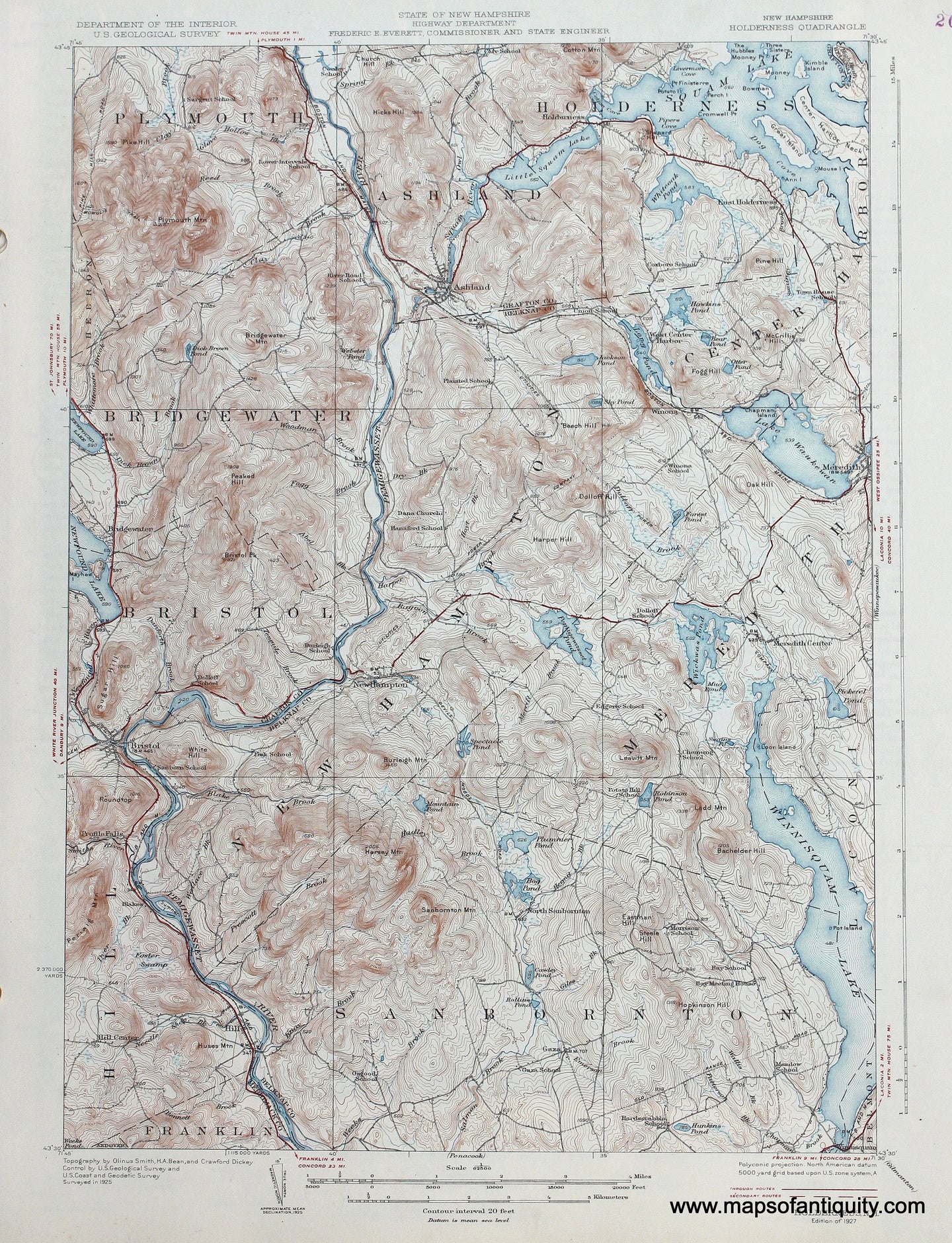 Genuine-Antique-Map-Holderness-New-Hampshire--1927-US-Geological-Survey--Maps-Of-Antiquity