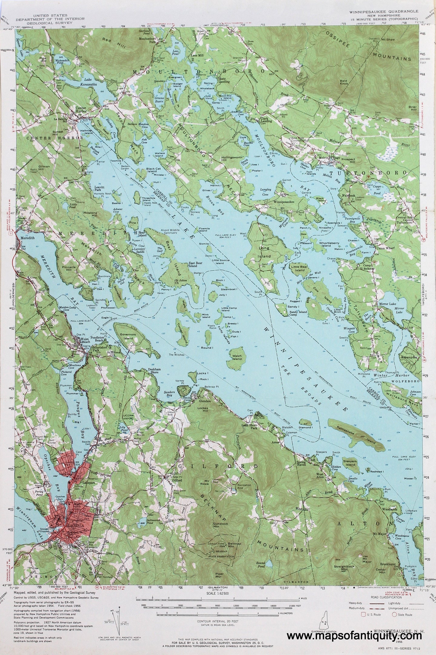 Genuine-Antique-Map-Winnipesaukee-New-Hampshire--1956-US-Geological-Survey--Maps-Of-Antiquity