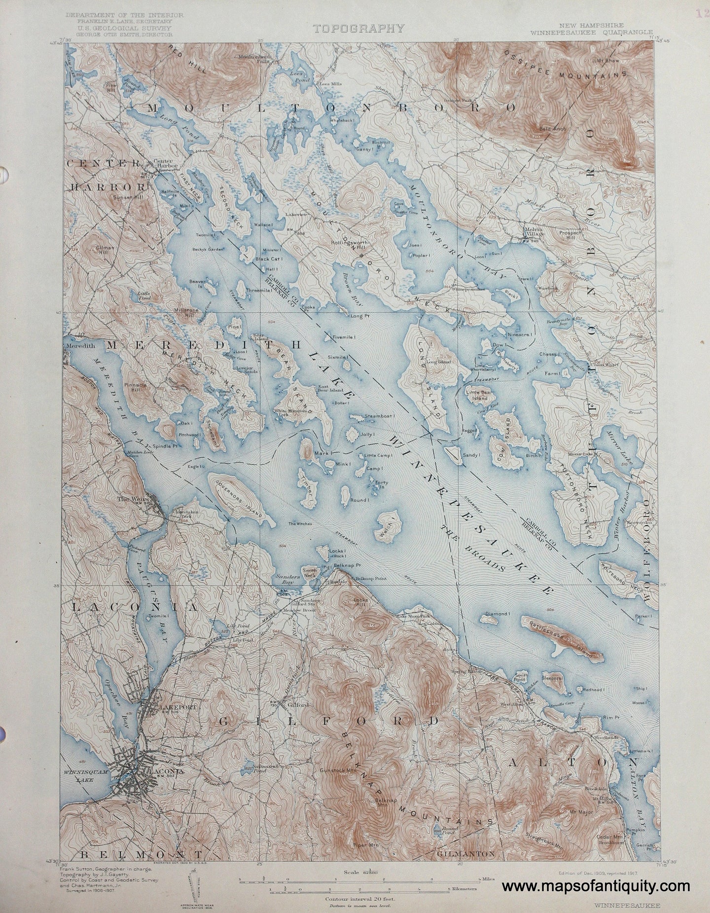 Genuine-Antique-Map-Winnipesaukee-New-Hampshire--1917-US-Geological-Survey--Maps-Of-Antiquity