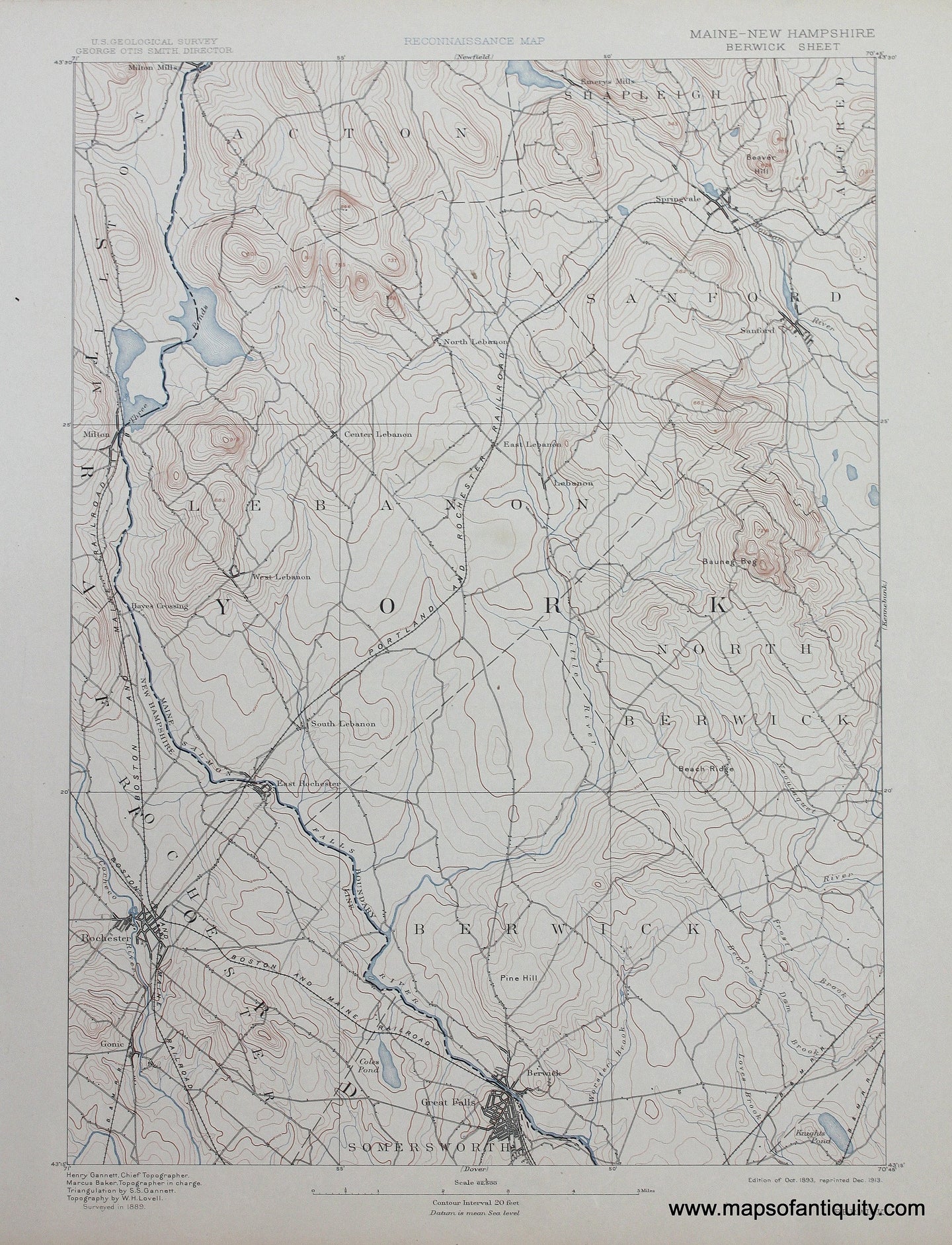 Genuine-Antique-Map-Berwick-Maine-New-Hampshire--1913-US-Geological-Survey--Maps-Of-Antiquity