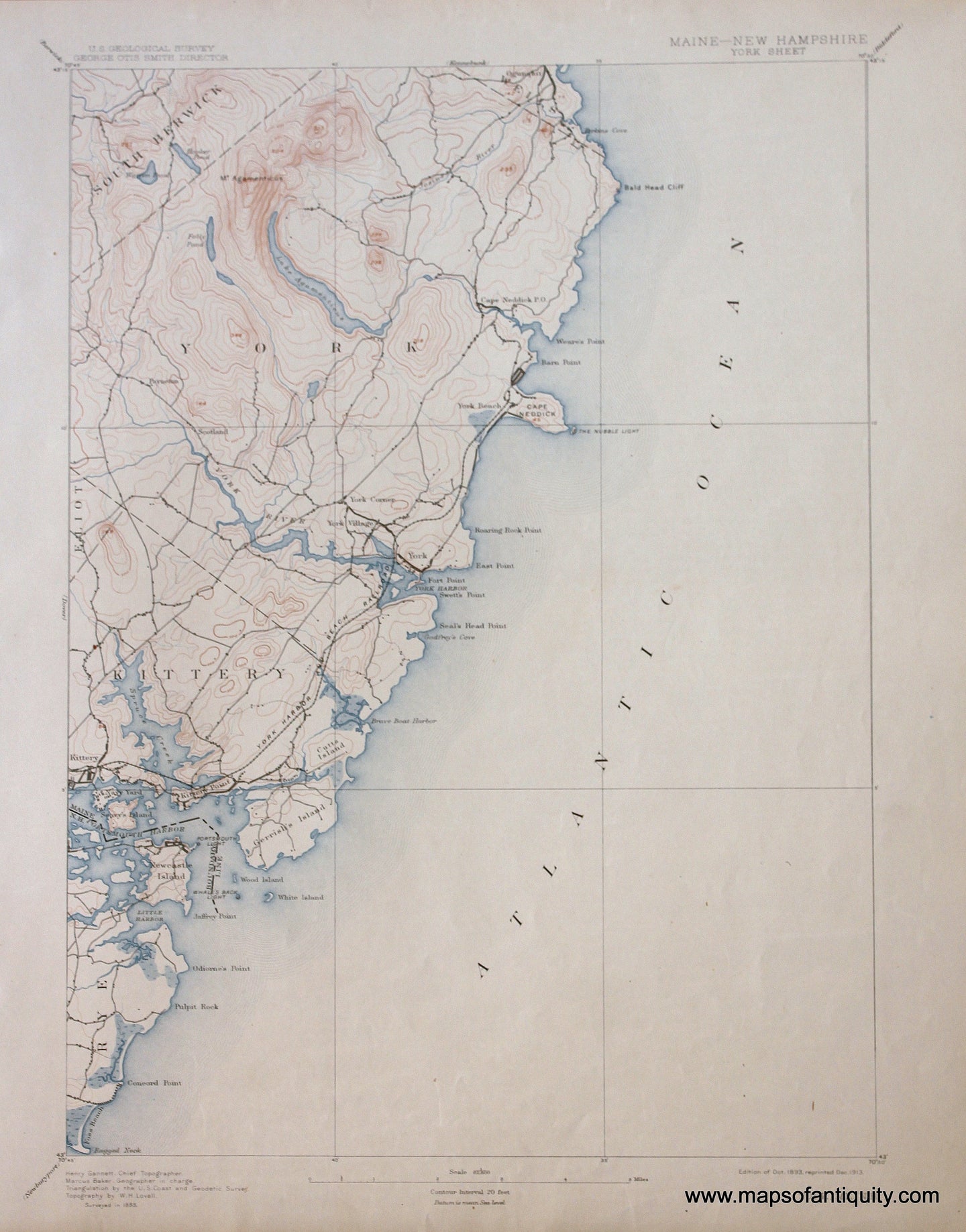 Genuine-Antique-Map-York-Maine-New-Hampshire--1913-US-Geological-Survey--Maps-Of-Antiquity