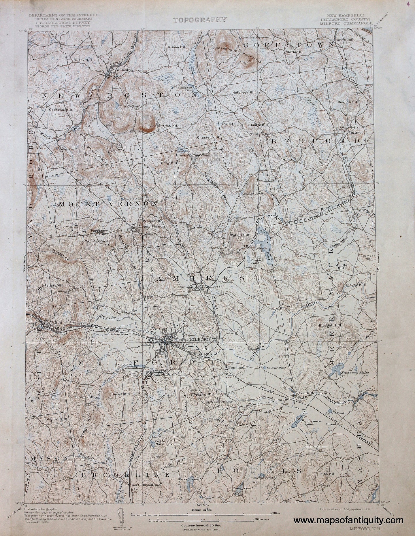 Genuine-Antique-Map-Milford-New-Hampshire--1921-US-Geological-Survey--Maps-Of-Antiquity