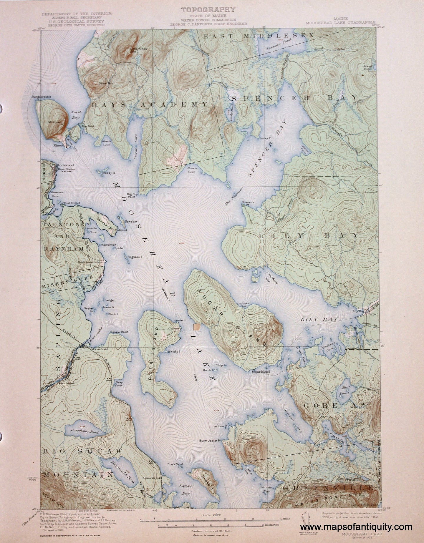 Genuine-Antique-Map-Moosehead-Lake--Maine--1922-US-Geological-Survey--Maps-Of-Antiquity