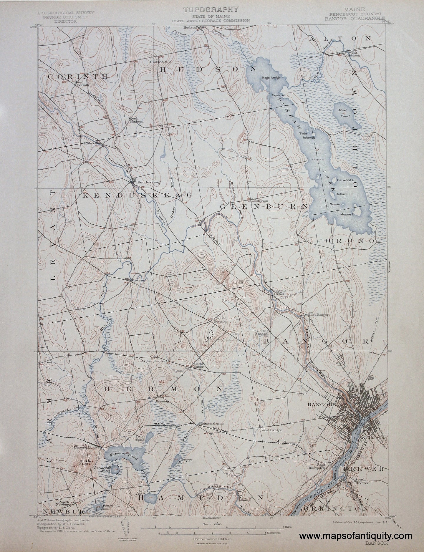 Genuine-Antique-Map-Bangor-Maine--1913-US-Geological-Survey--Maps-Of-Antiquity