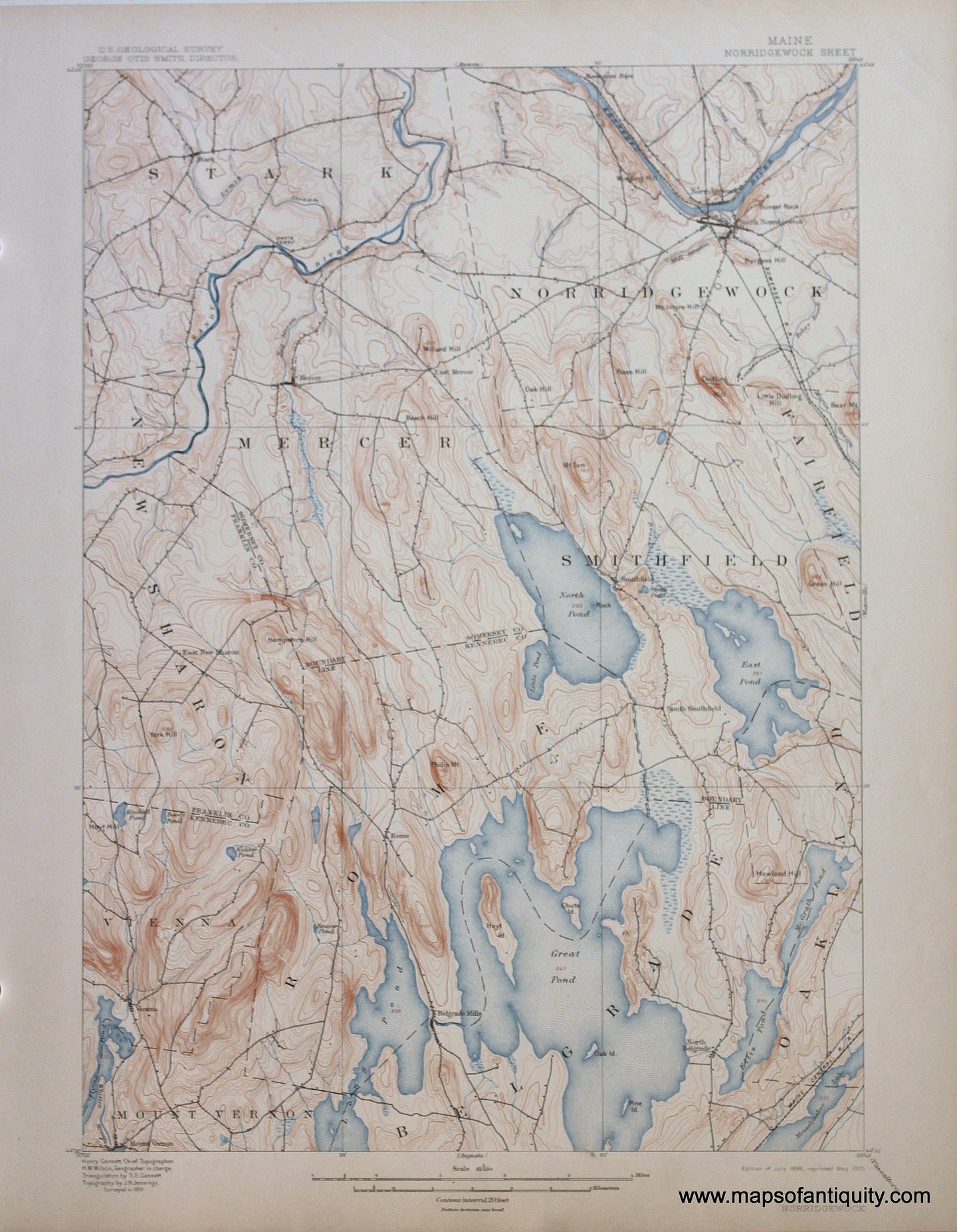 Genuine-Antique-Map-Norridgewock-Maine--1910-US-Geological-Survey--Maps-Of-Antiquity