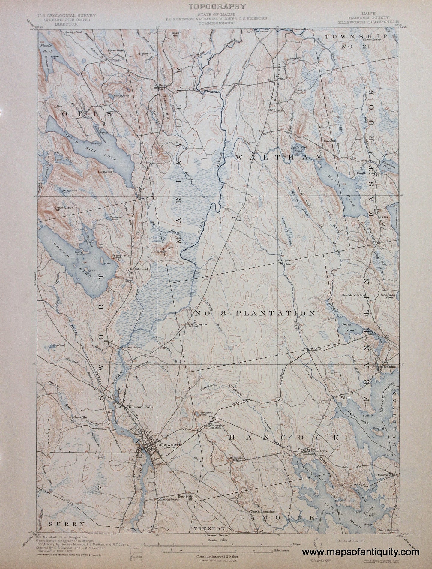 Genuine-Antique-Map-Ellsworth-Maine--1911-US-Geological-Survey--Maps-Of-Antiquity